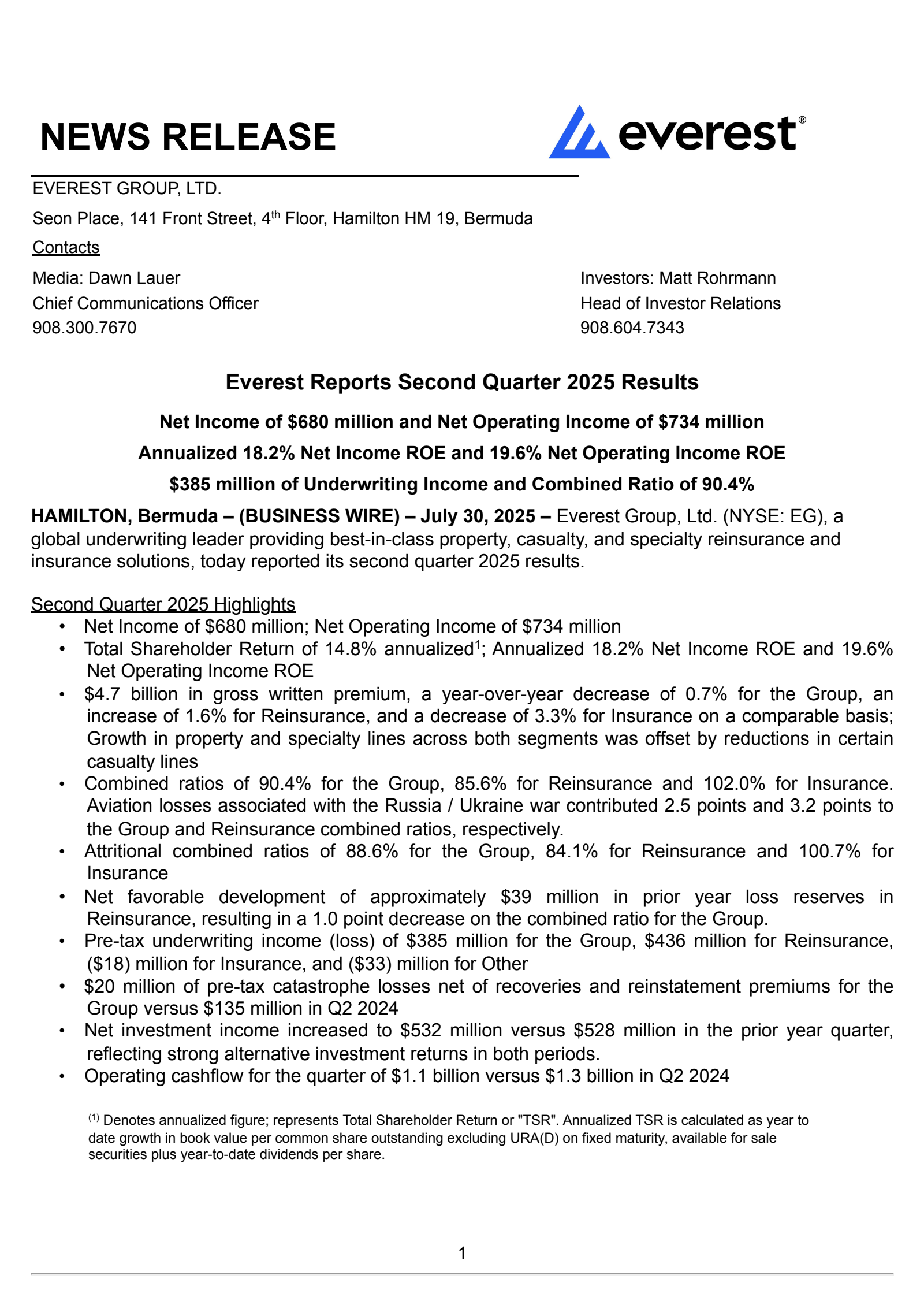 Everest Group's Q2 2025 Press Release