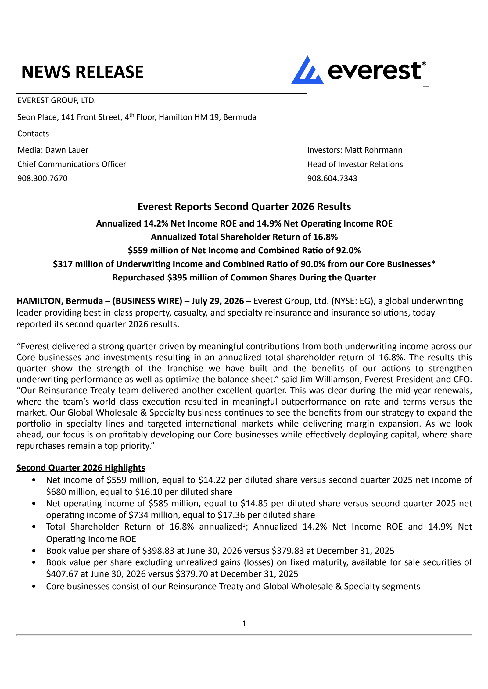 Everest Group's Q2 2026 Press Release