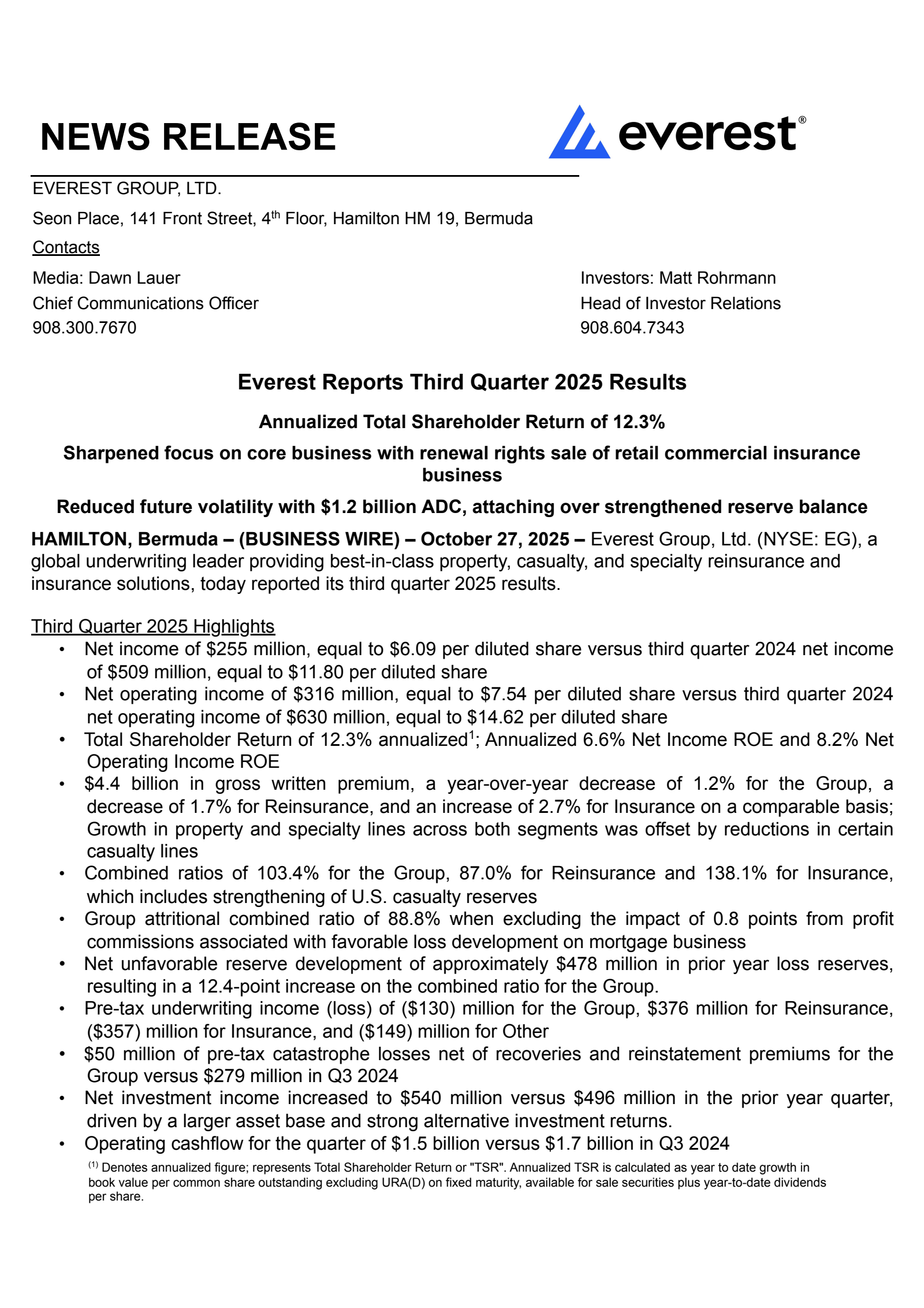 Everest Group's Q3 2025 Earnings Release