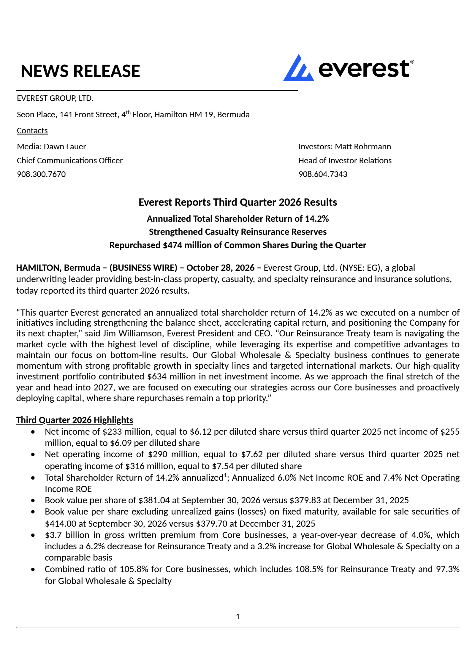 Everest Group's Q3 2026 Press Release