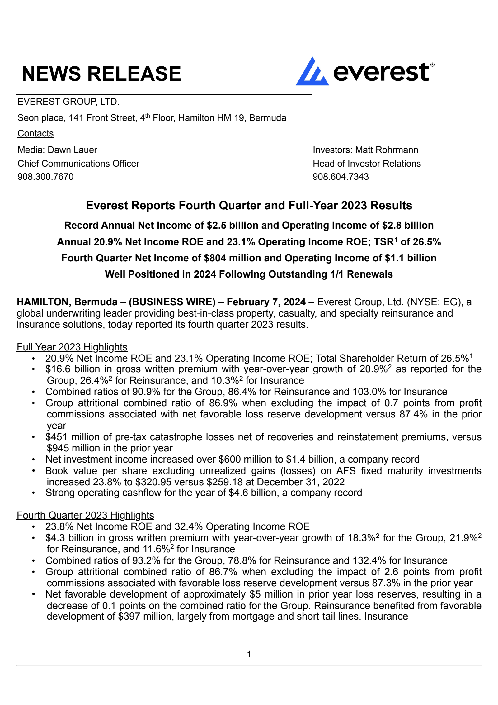 Everest Group's Q4 2023 Press Release