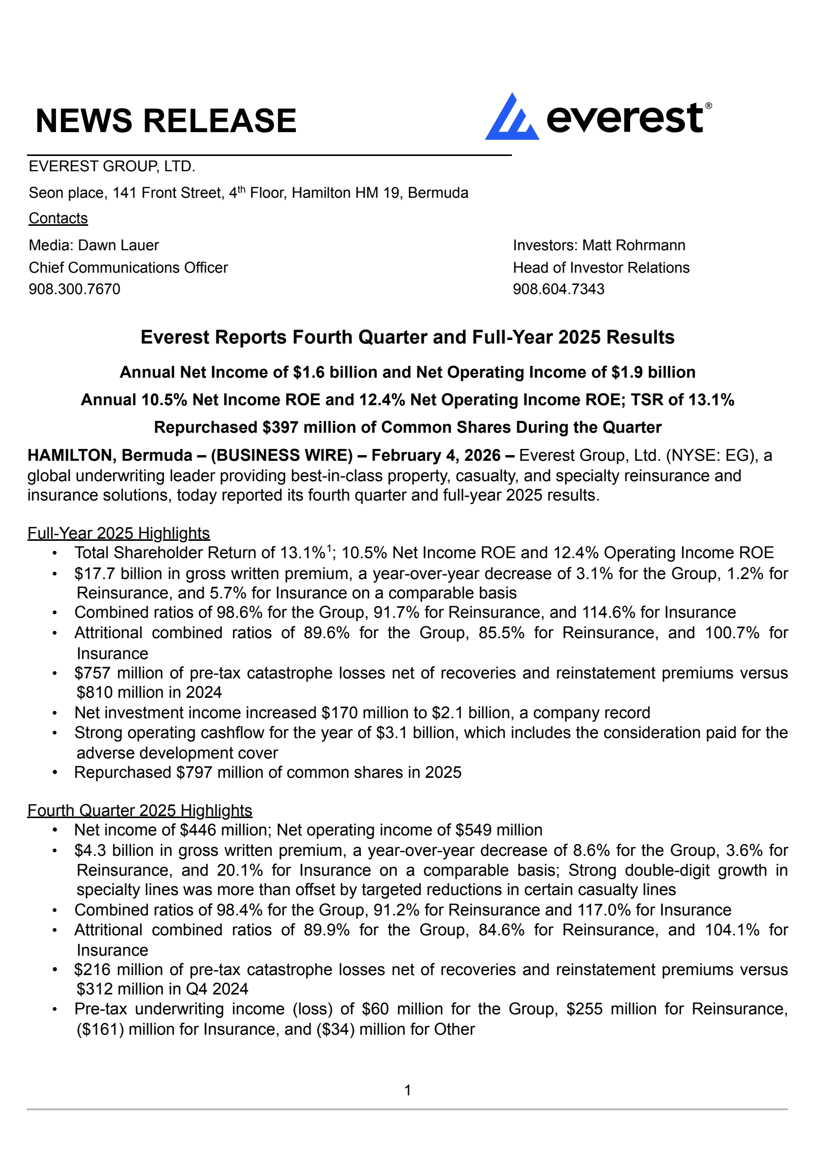 Everest Group's Q4 2025 Press Release