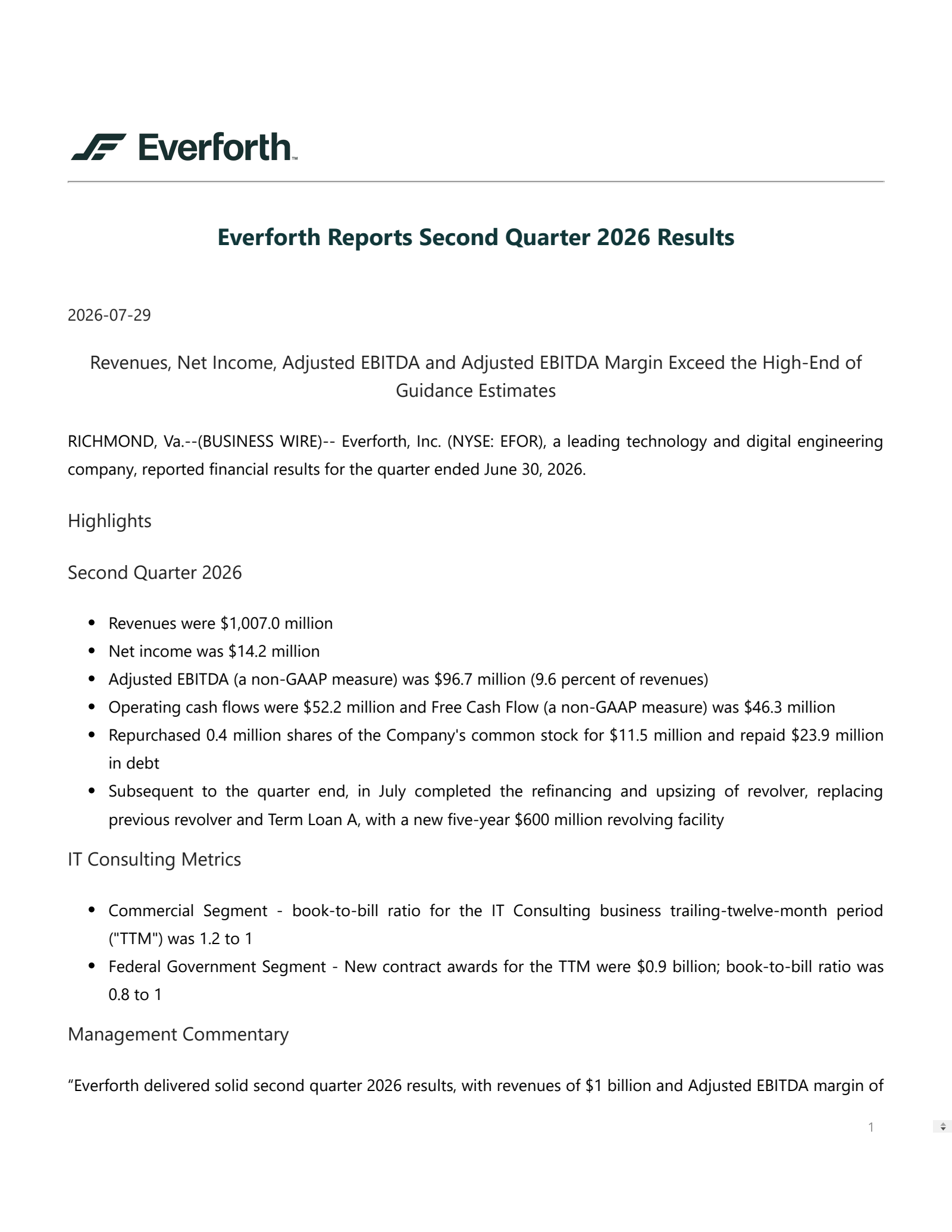 ASGN's Q2 2026 Press Release