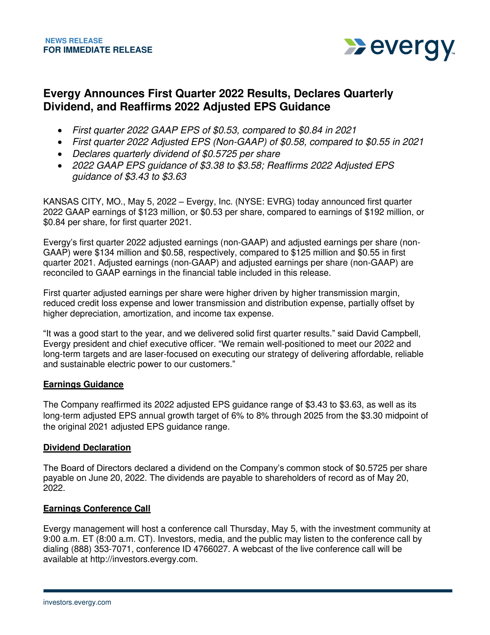 Evergy's Q1 2022 Press Release