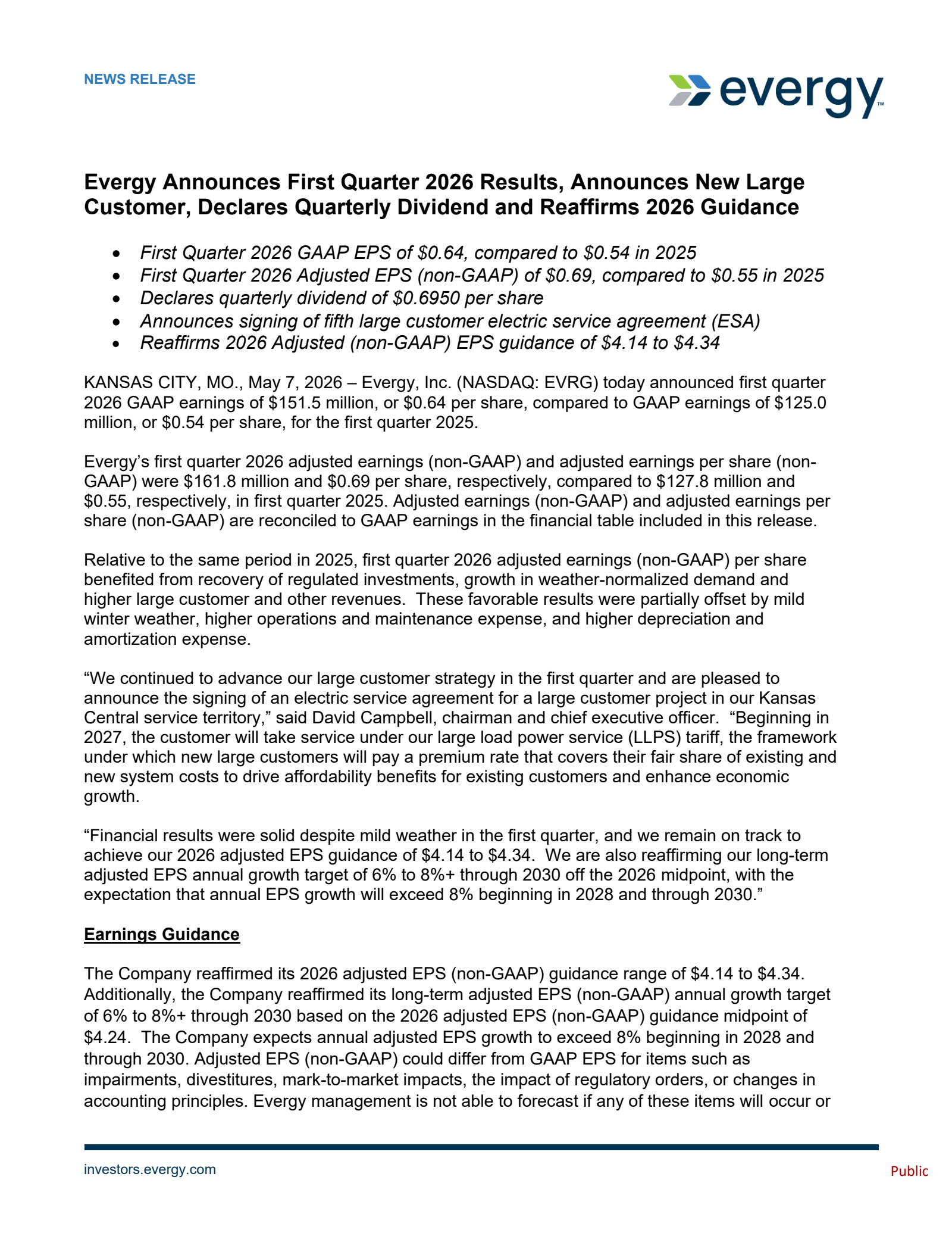 Evergy's Q1 2026 Press Release