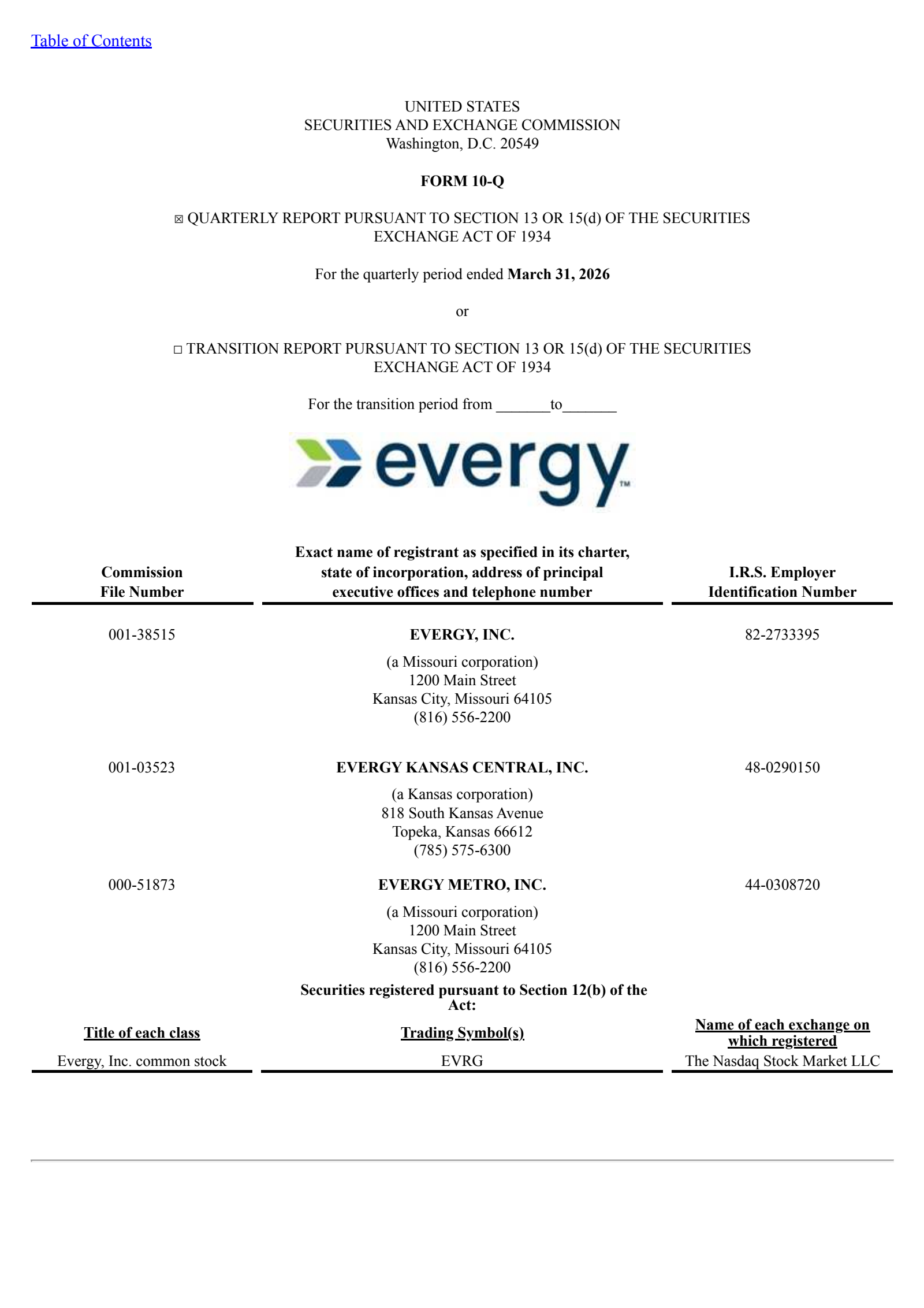 Evergy's Q1 2026 Quarterly report