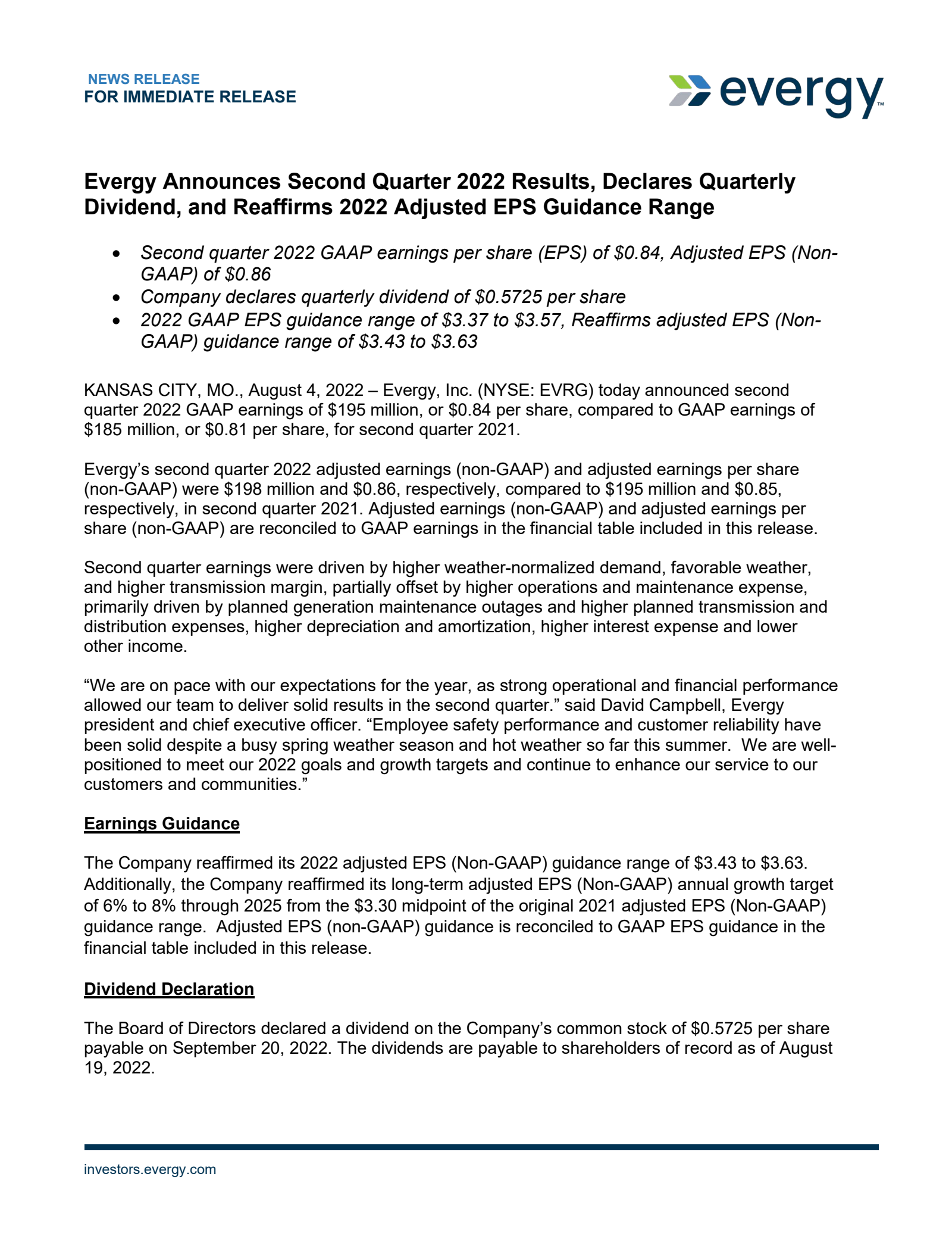 Evergy's Q2 2022 Press Release