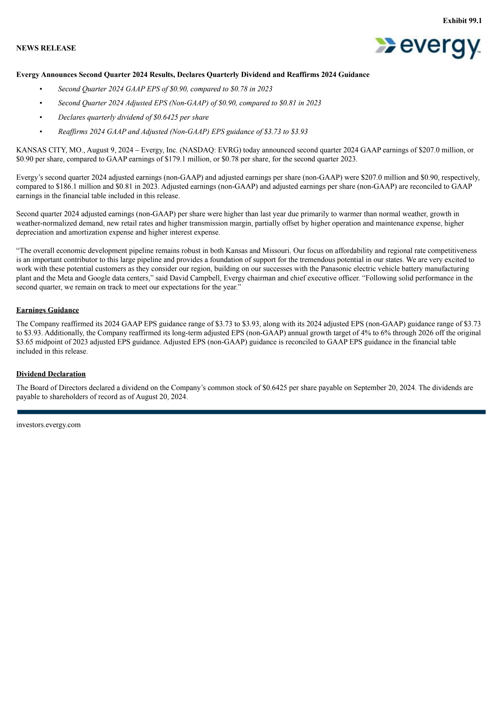Evergy's Q2 2024 Press Release