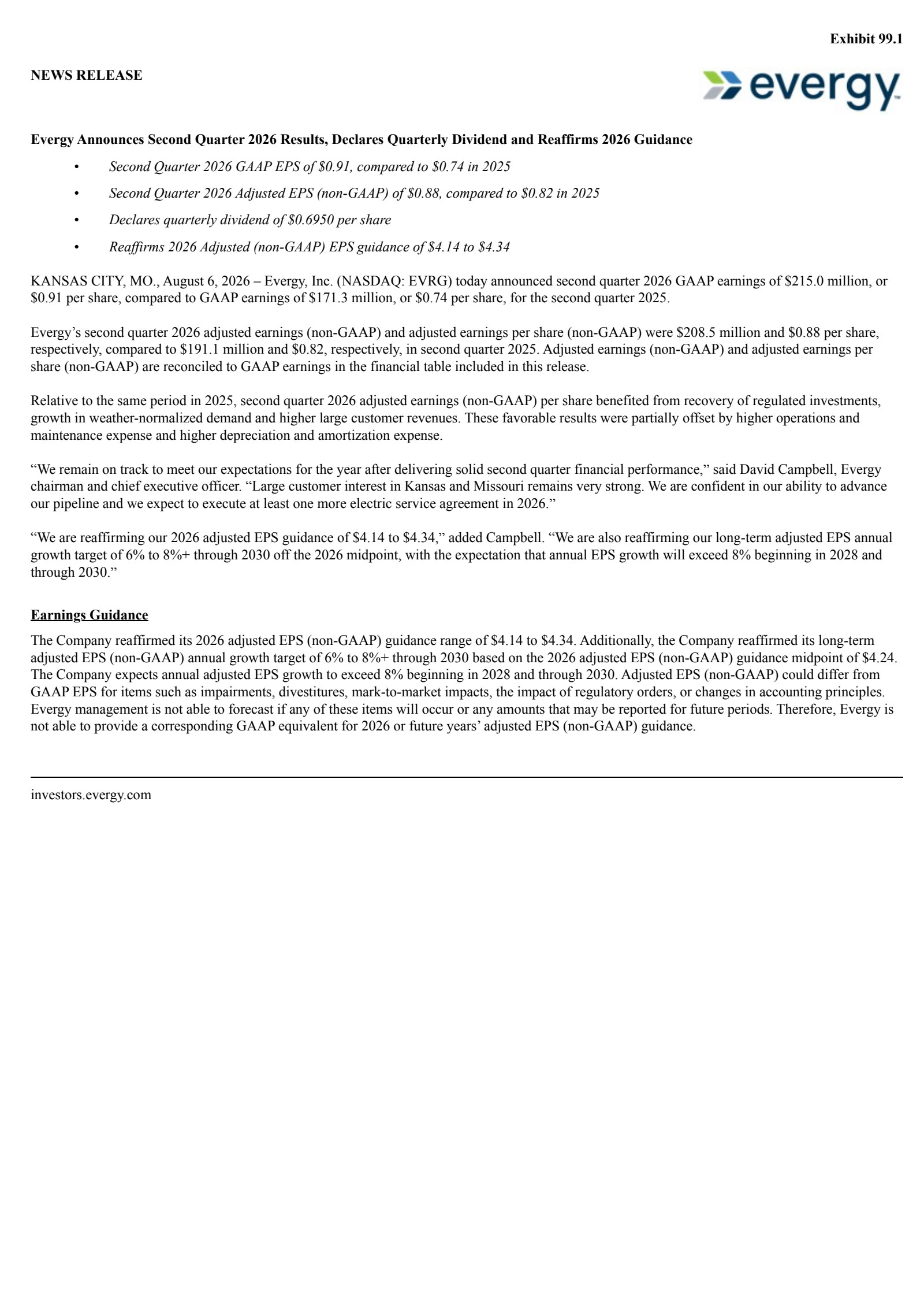 Evergy's Q2 2026 Press Release