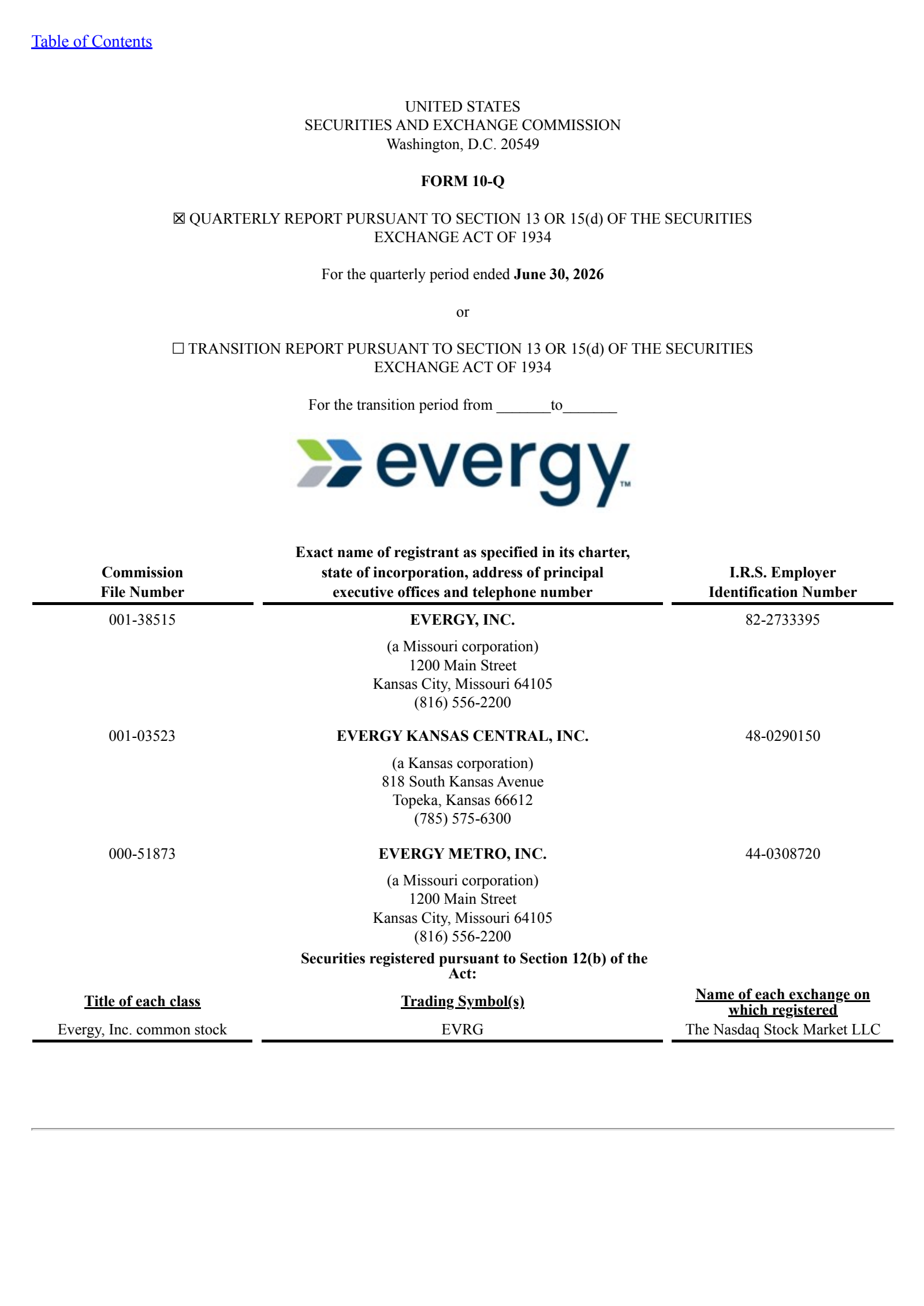 Evergy's Q2 2026 Quarterly report