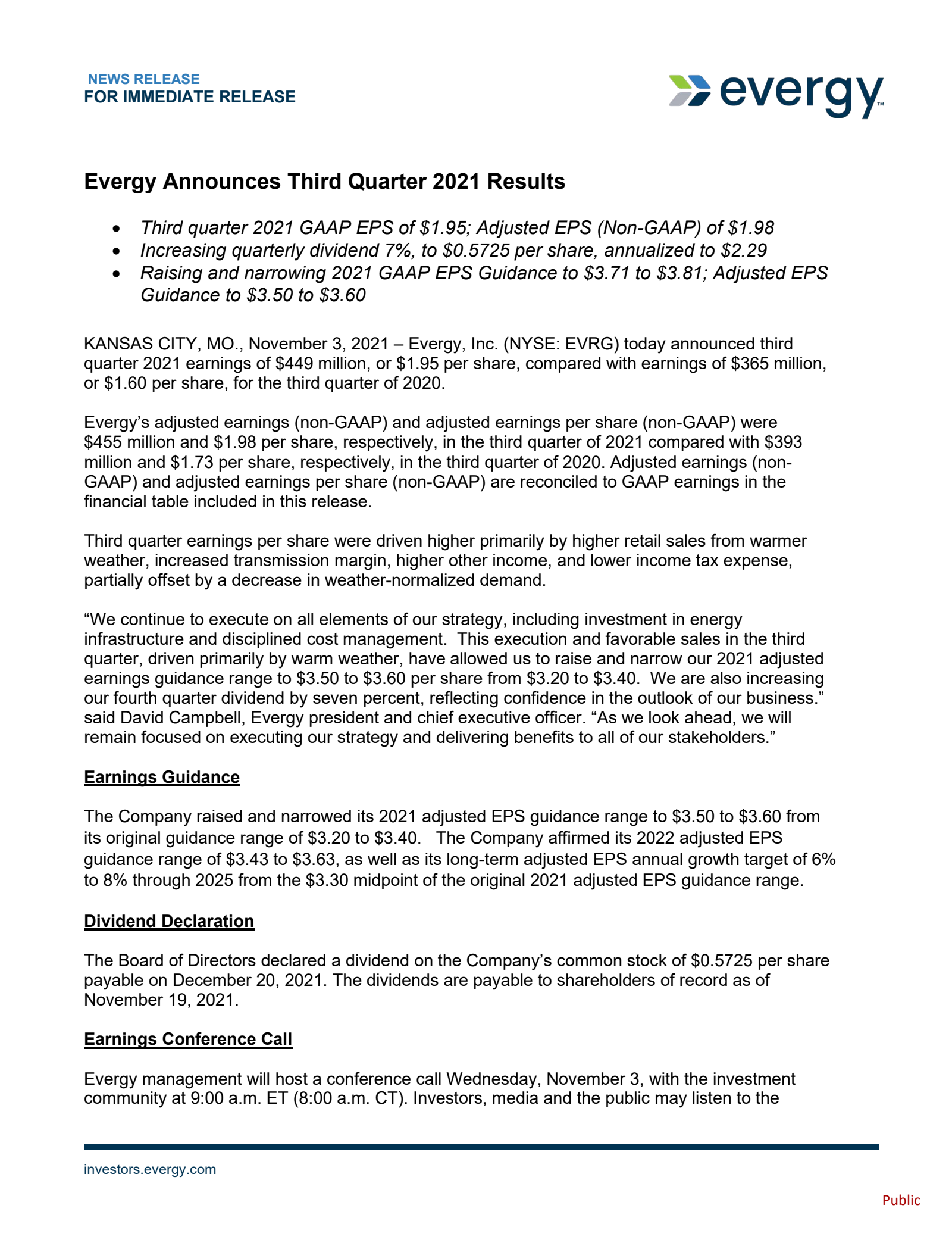Evergy's Q3 2021 Press Release