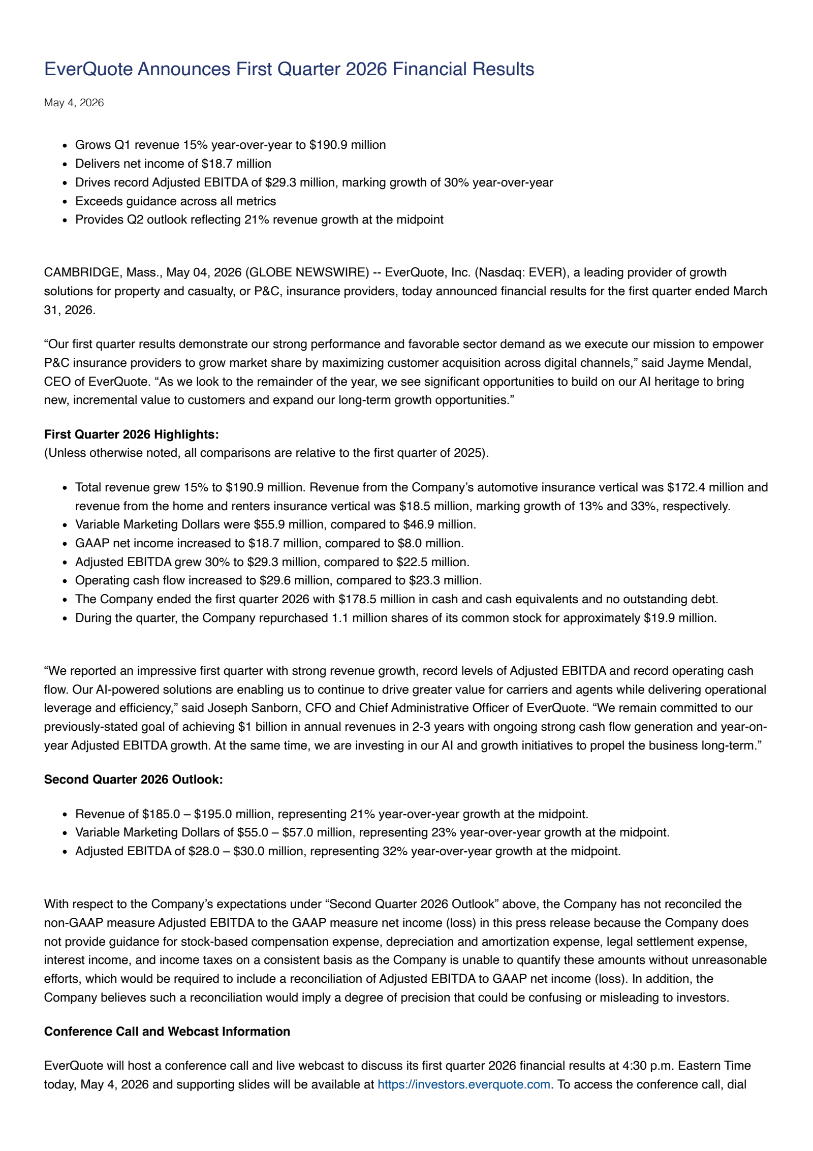 EverQuote's Q1 2026 Press Release