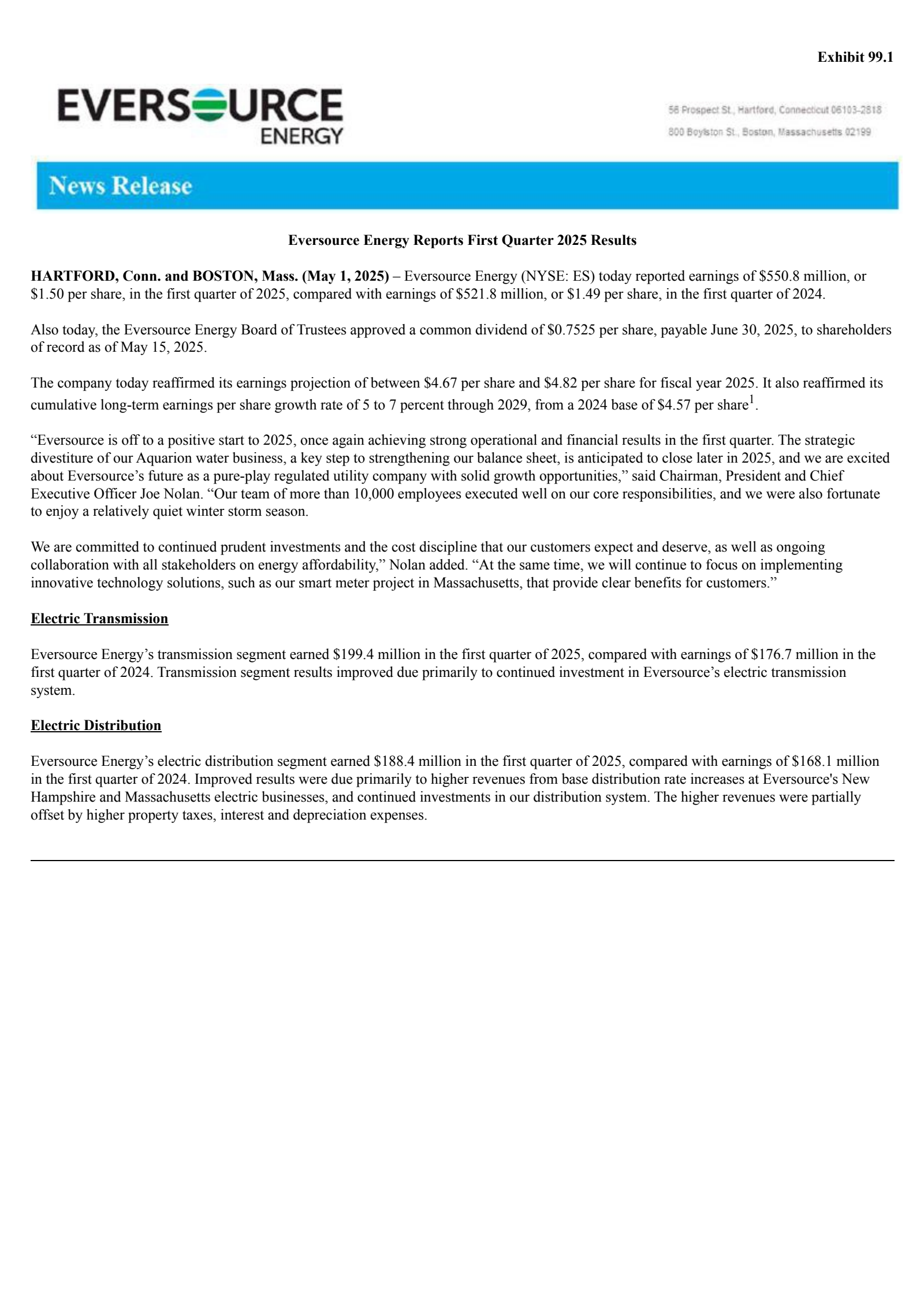 Eversource Energy's Q1 2025 Press Release