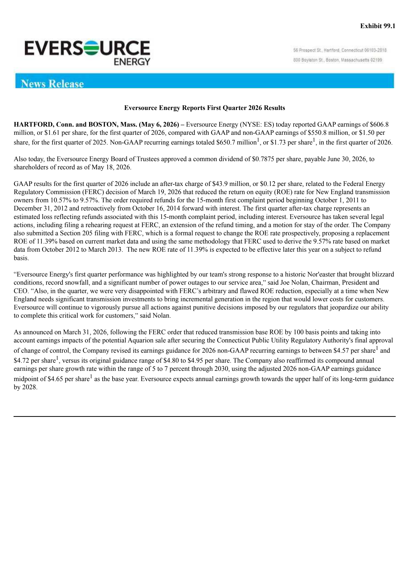 Eversource Energy's Q1 2026 Press Release
