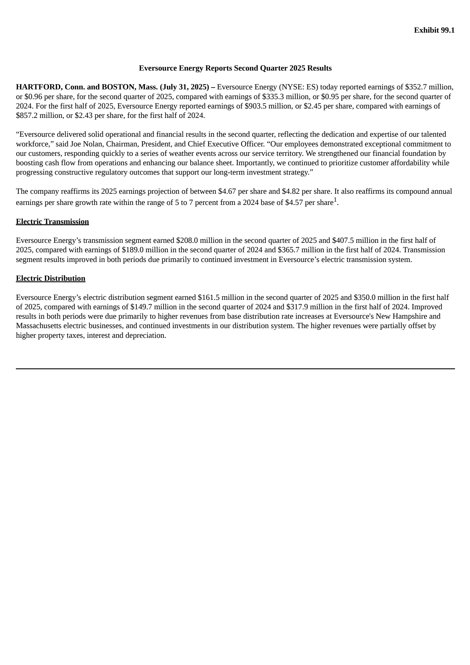 Eversource Energy's Q2 2025 Press Release