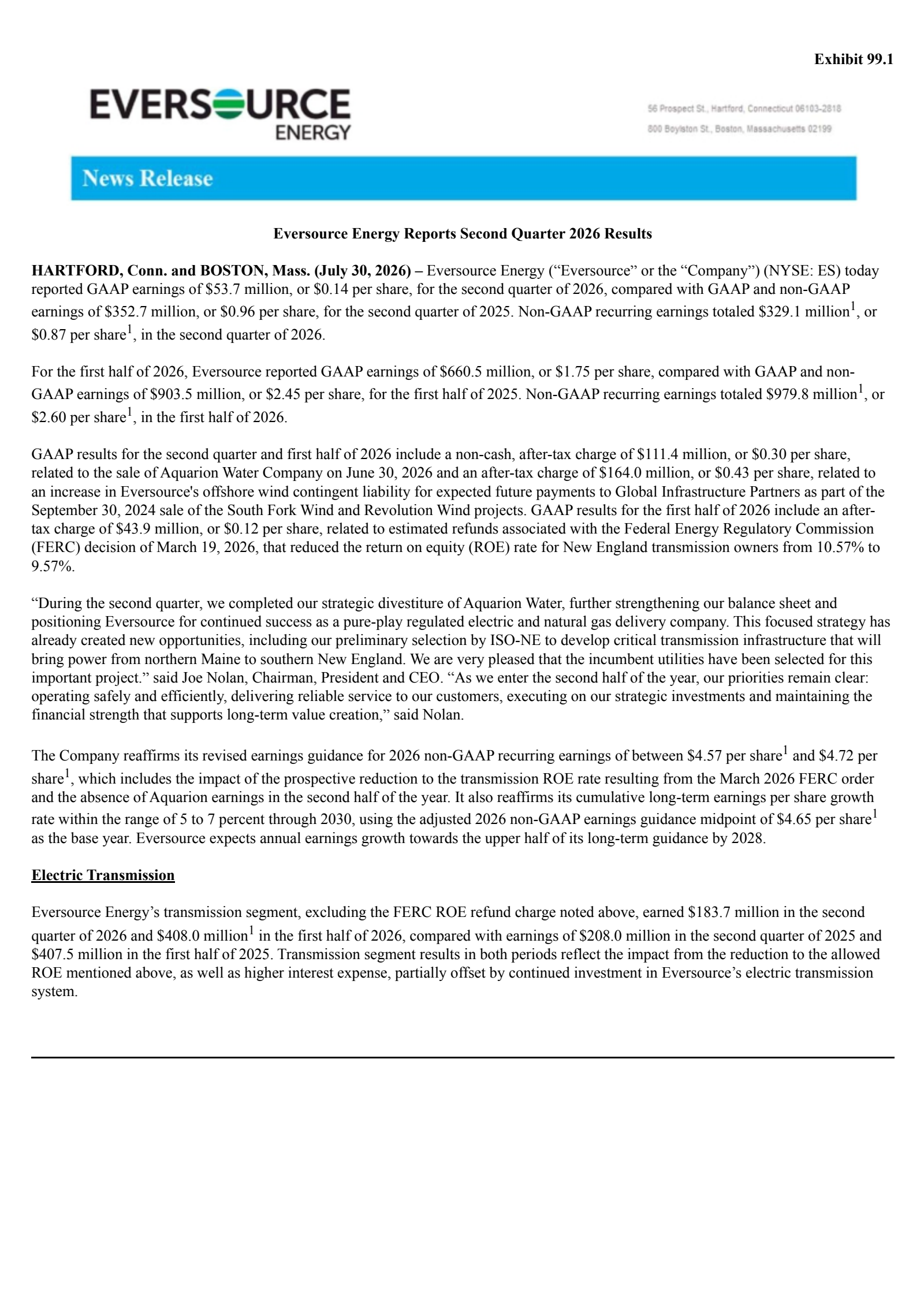 Eversource Energy's Q2 2026 Press Release