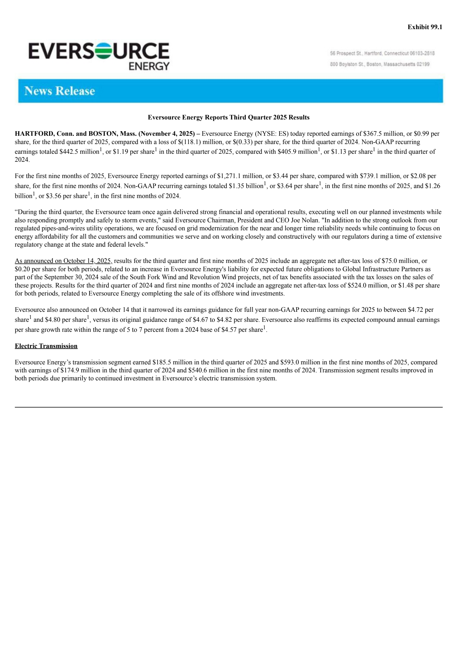 Eversource Energy's Q3 2025 Earnings Release