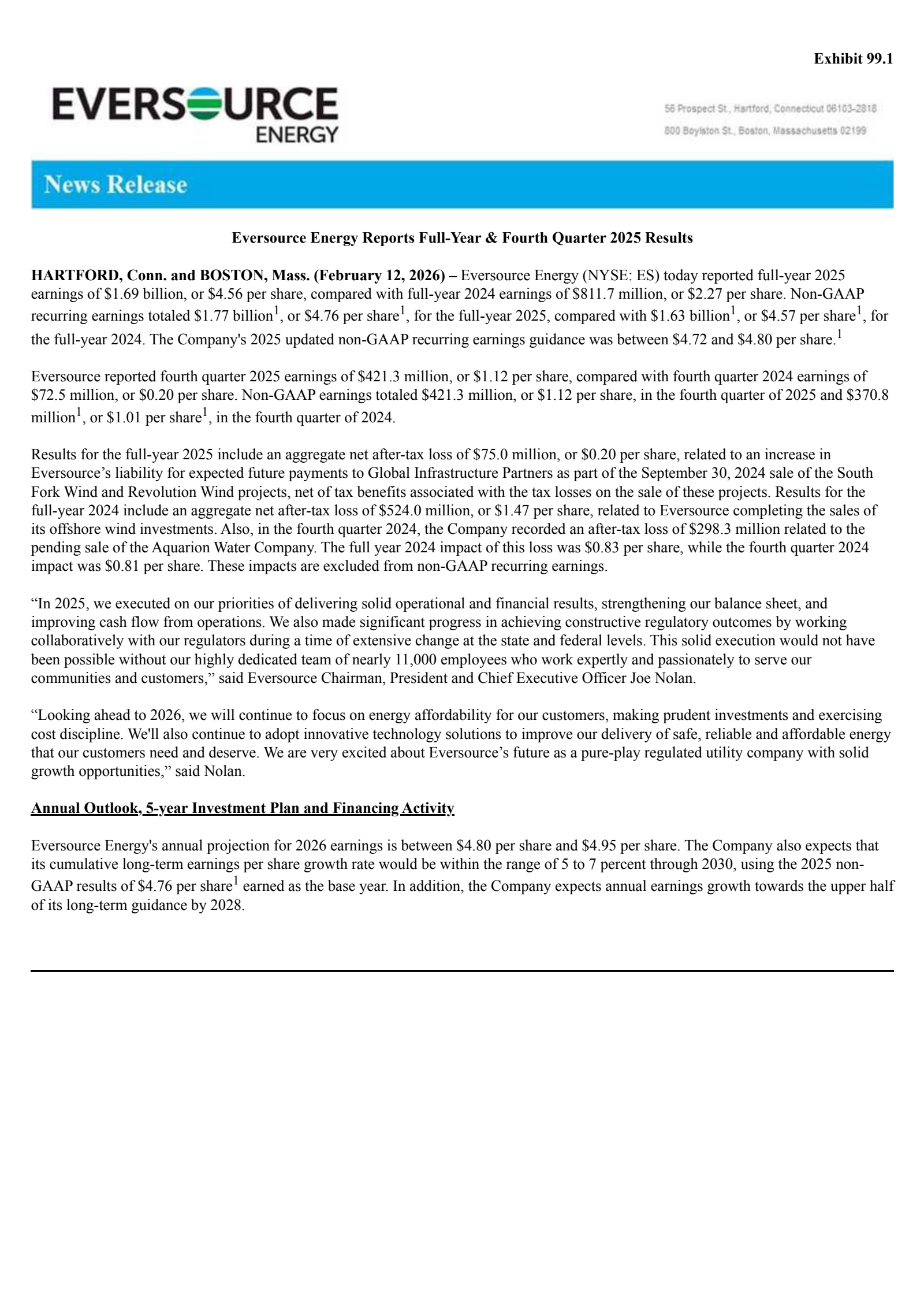 Eversource Energy's Q4 2025 Press Release