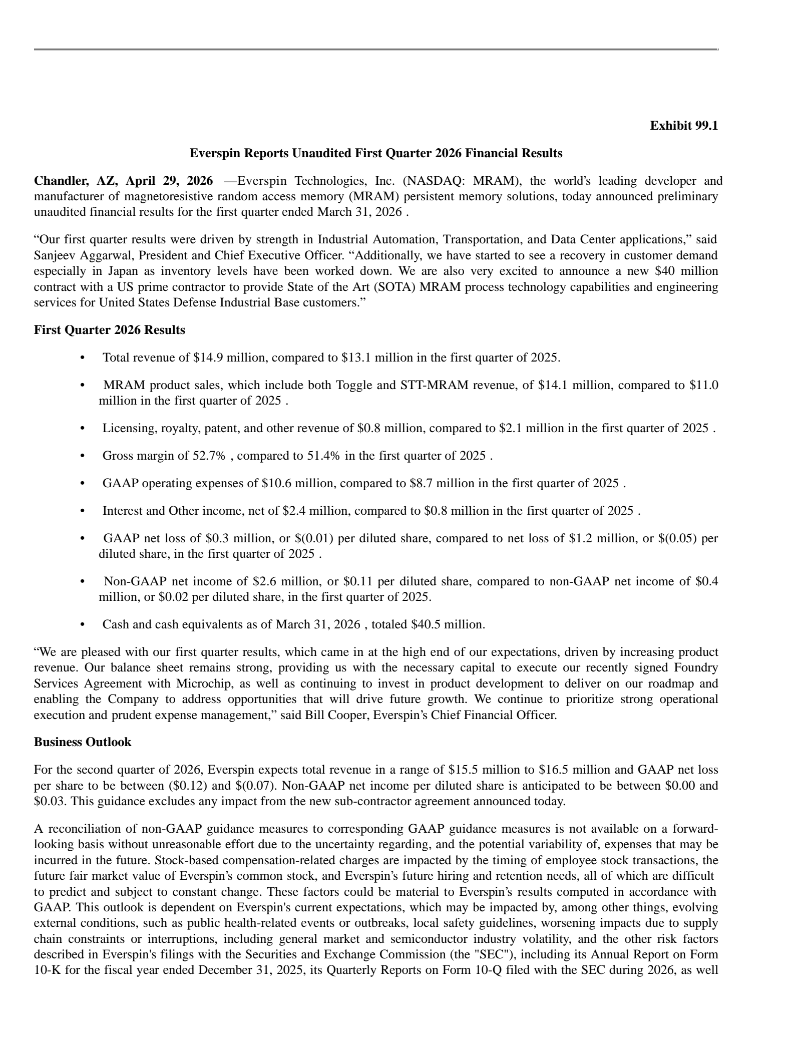 Everspin Tech's Q1 2026 Press Release