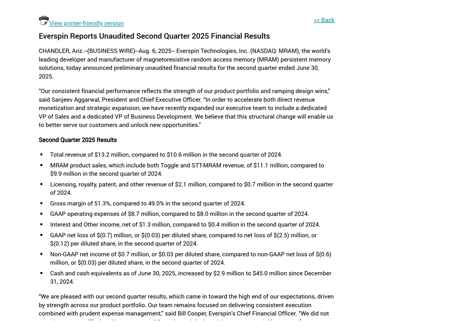 Everspin Tech's Q2 2025 Press Release