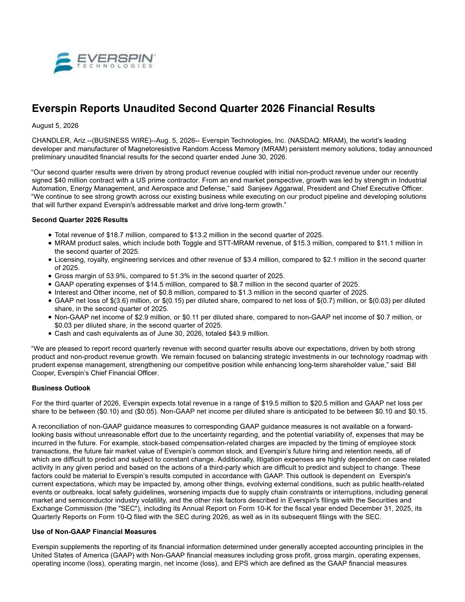 Everspin Tech's Q2 2026 Press Release