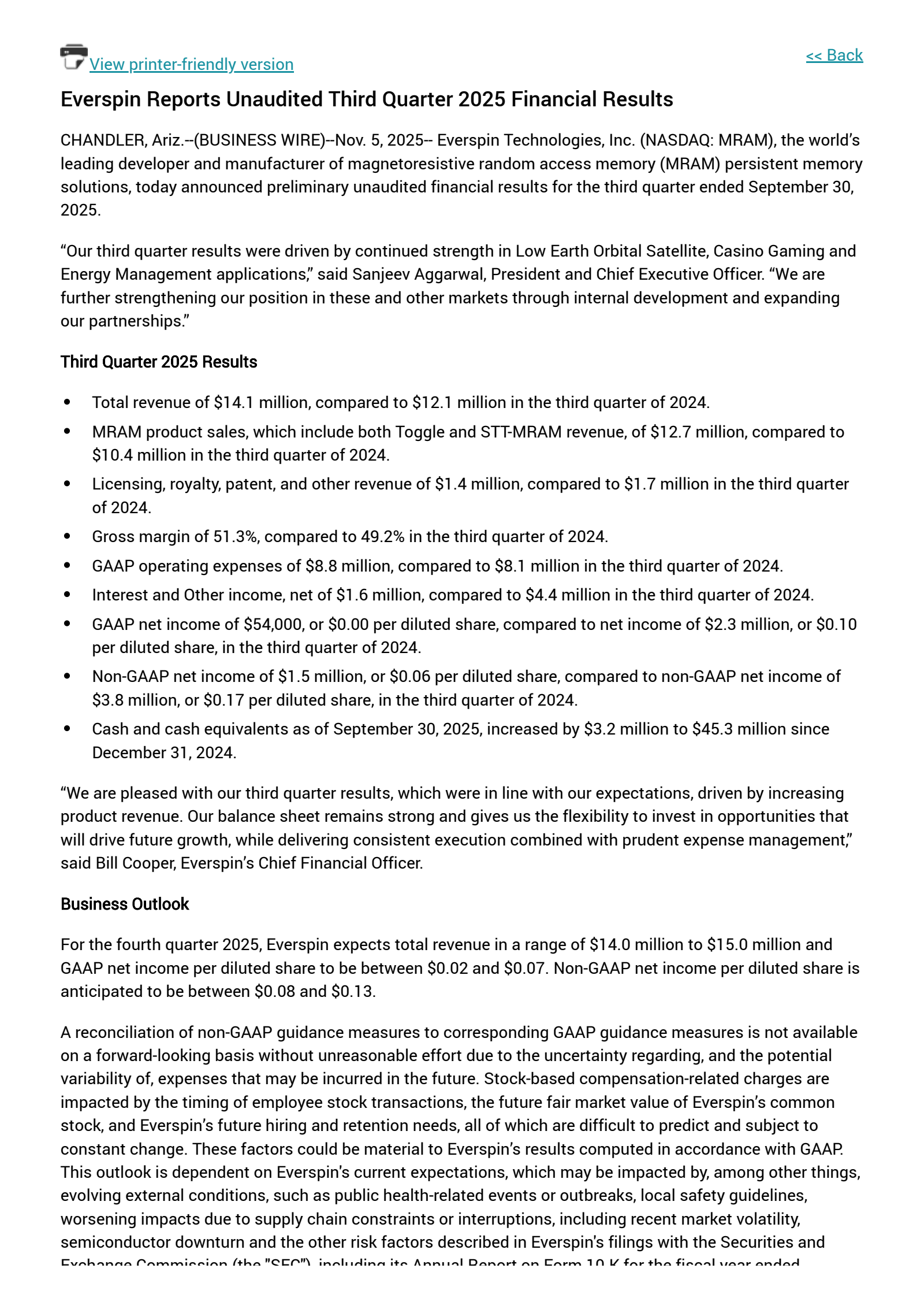 Everspin Tech's Q3 2025 Earnings Release