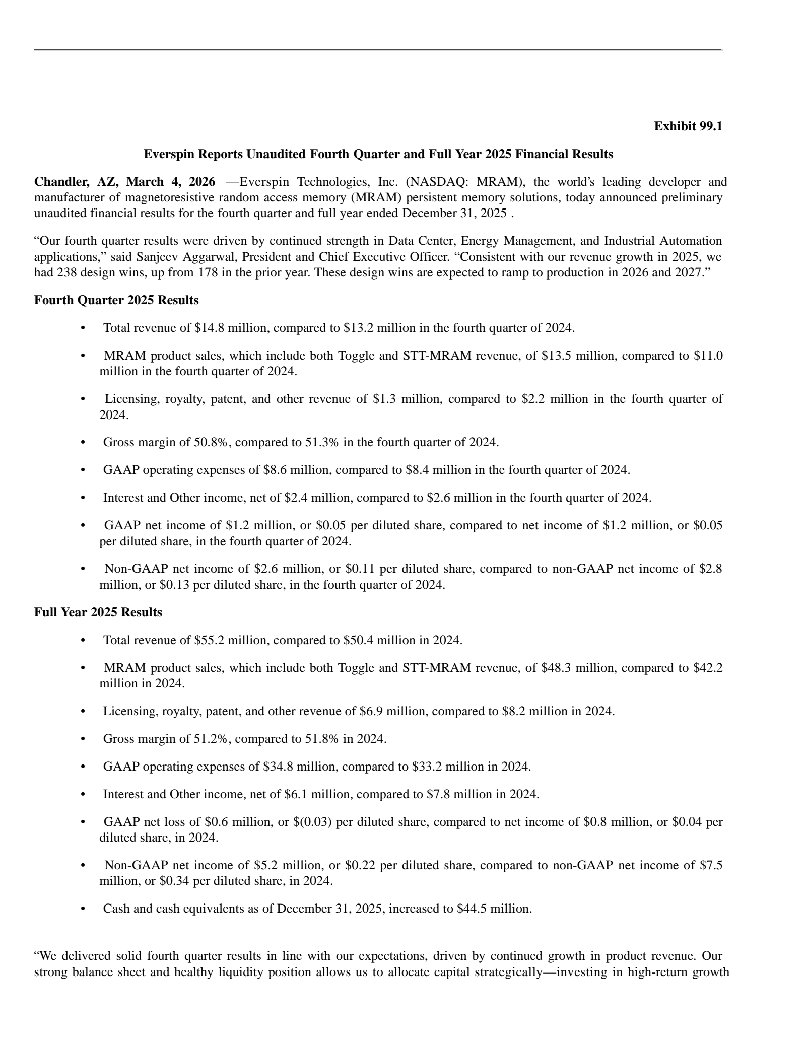 Everspin Tech's Q4 2025 Press Release