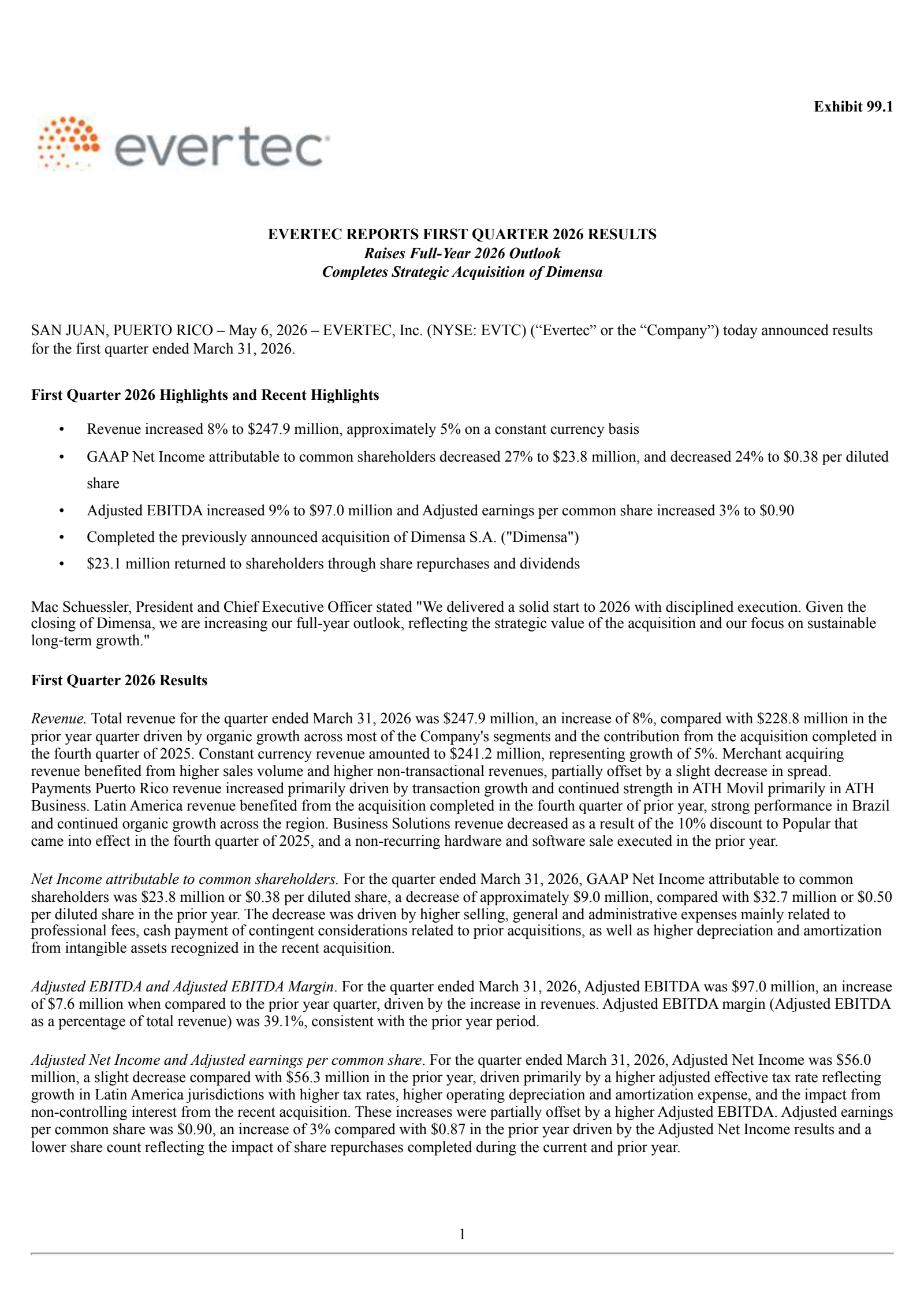 Evertec's Q1 2026 Press Release