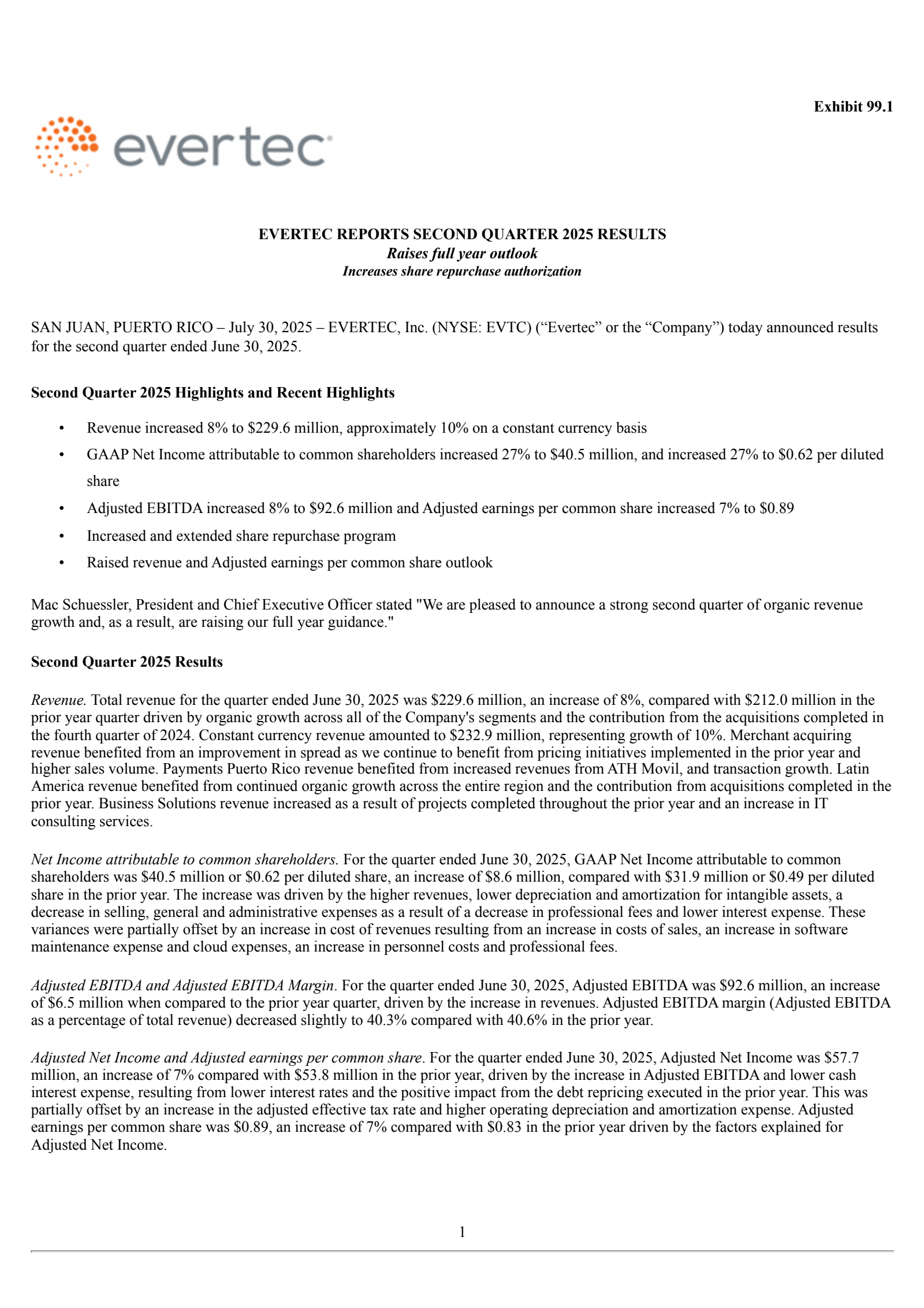 Evertec's Q2 2025 Press Release