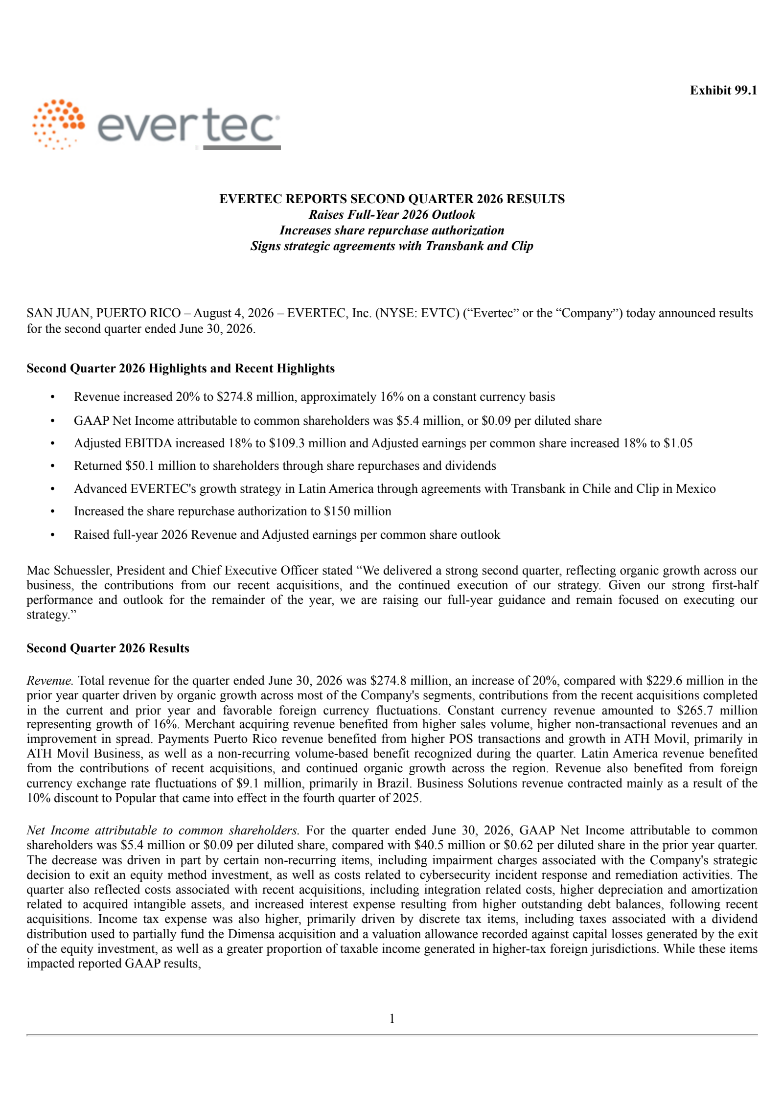 Evertec's Q2 2026 Press Release