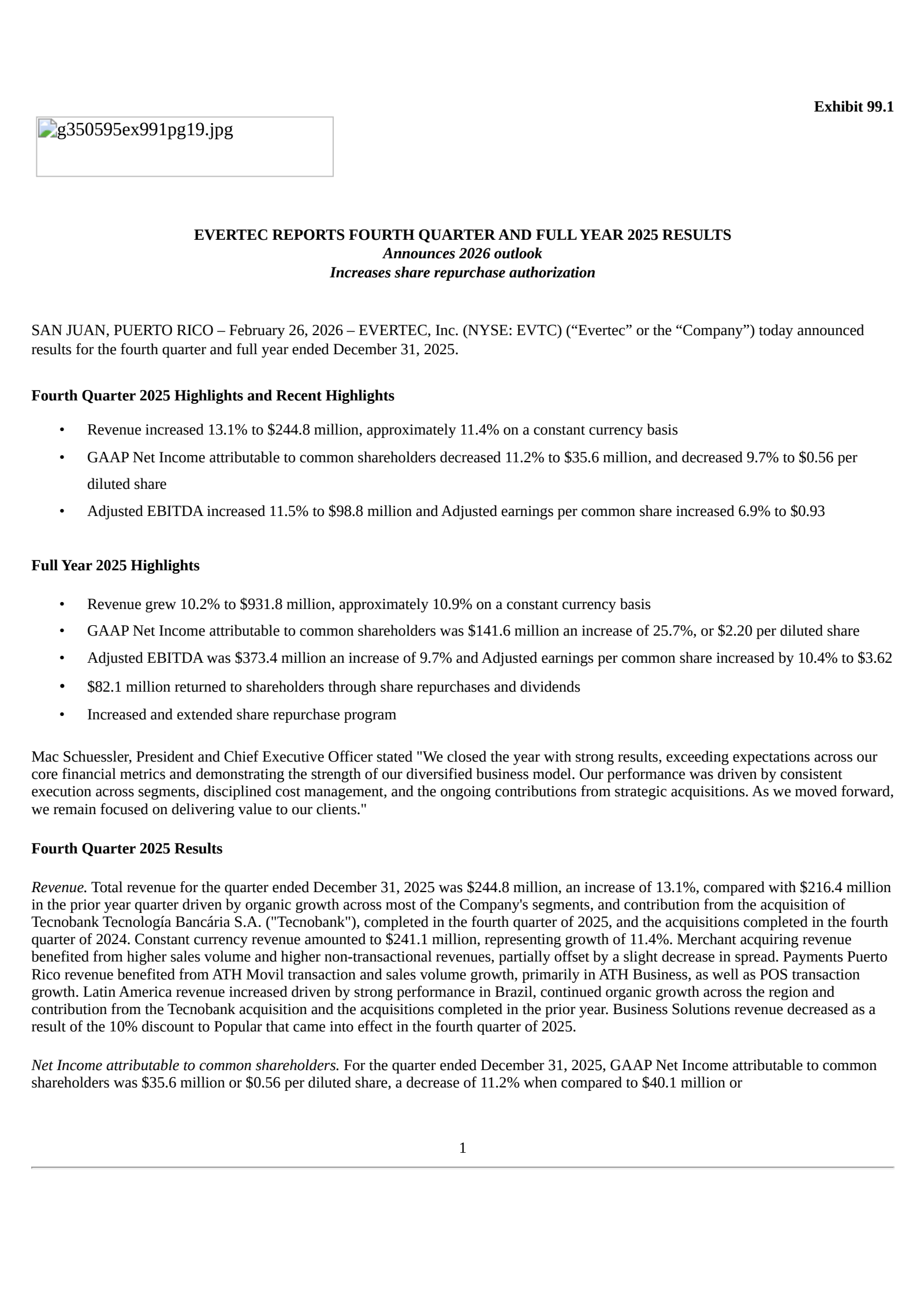 Evertec's Q4 2025 Press Release
