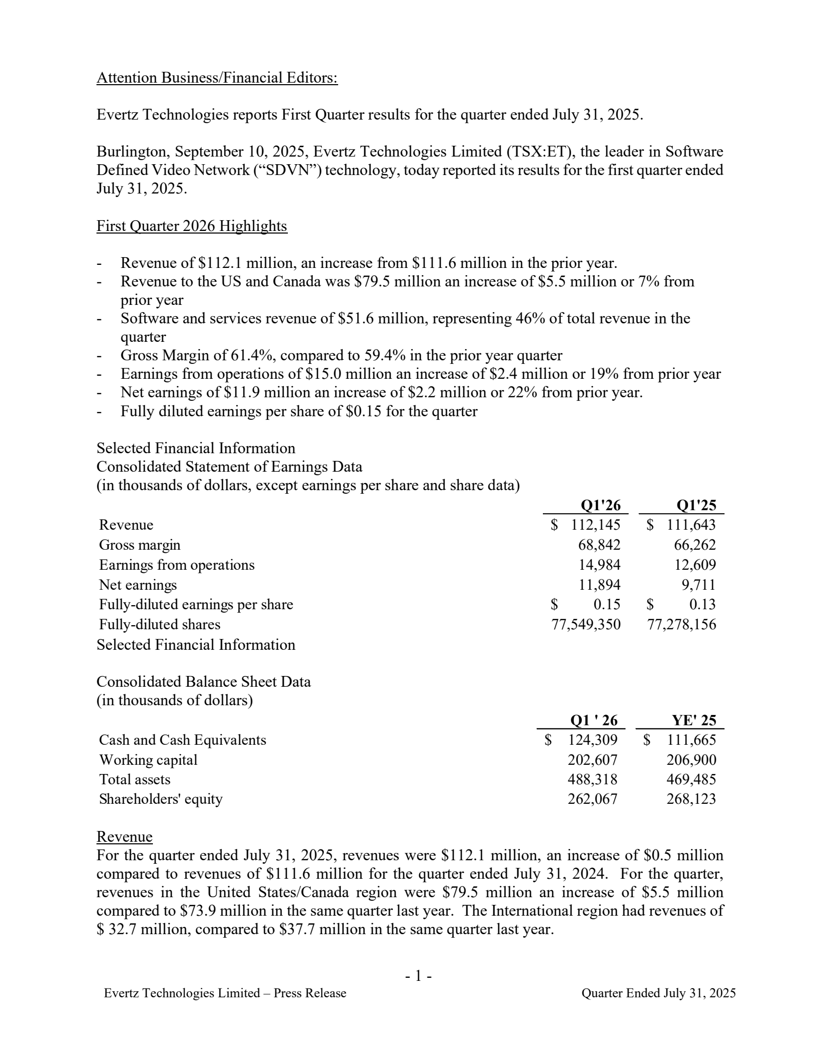 Evertz Technologies' Q1 2026 Earnings Release