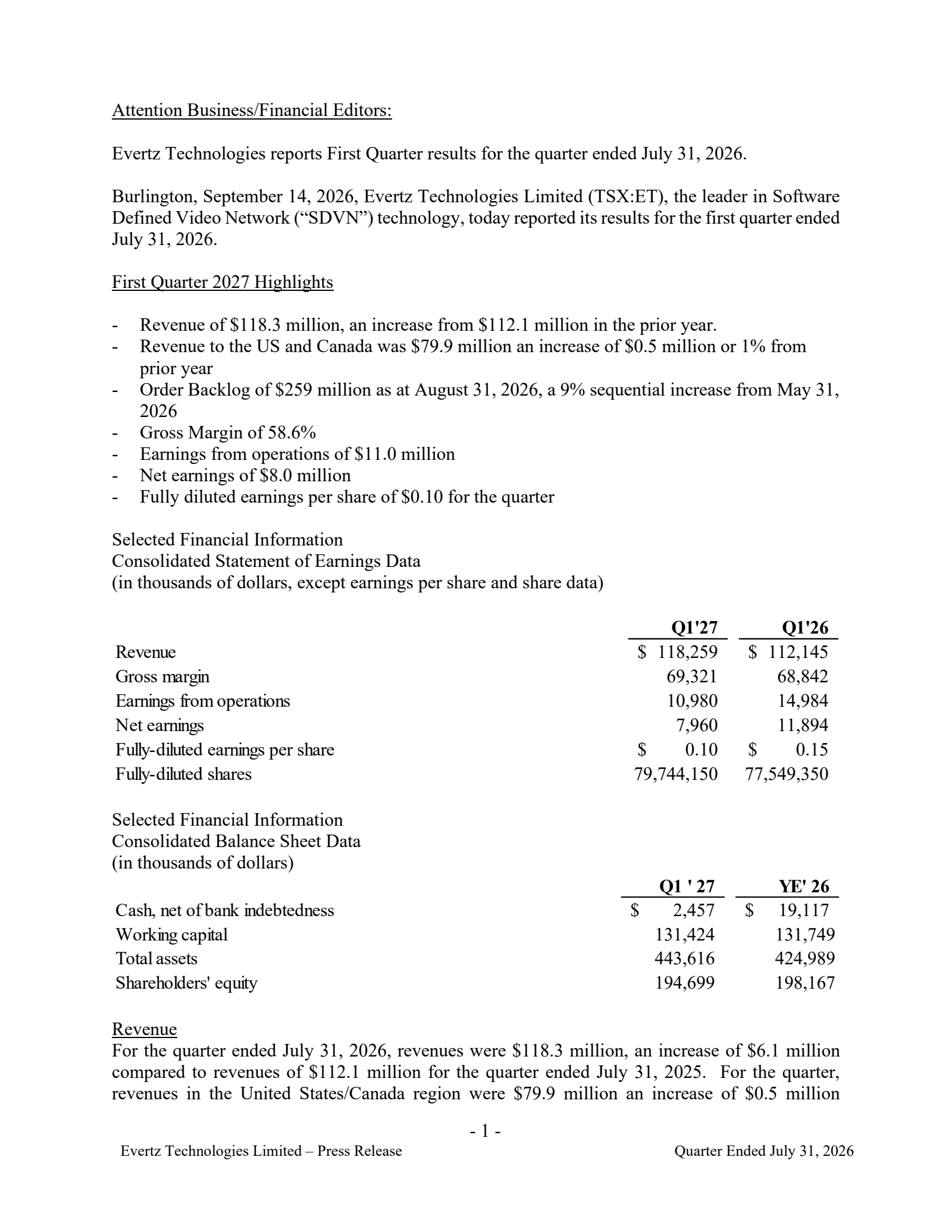Evertz Technologies' Q1 2027 Press Release