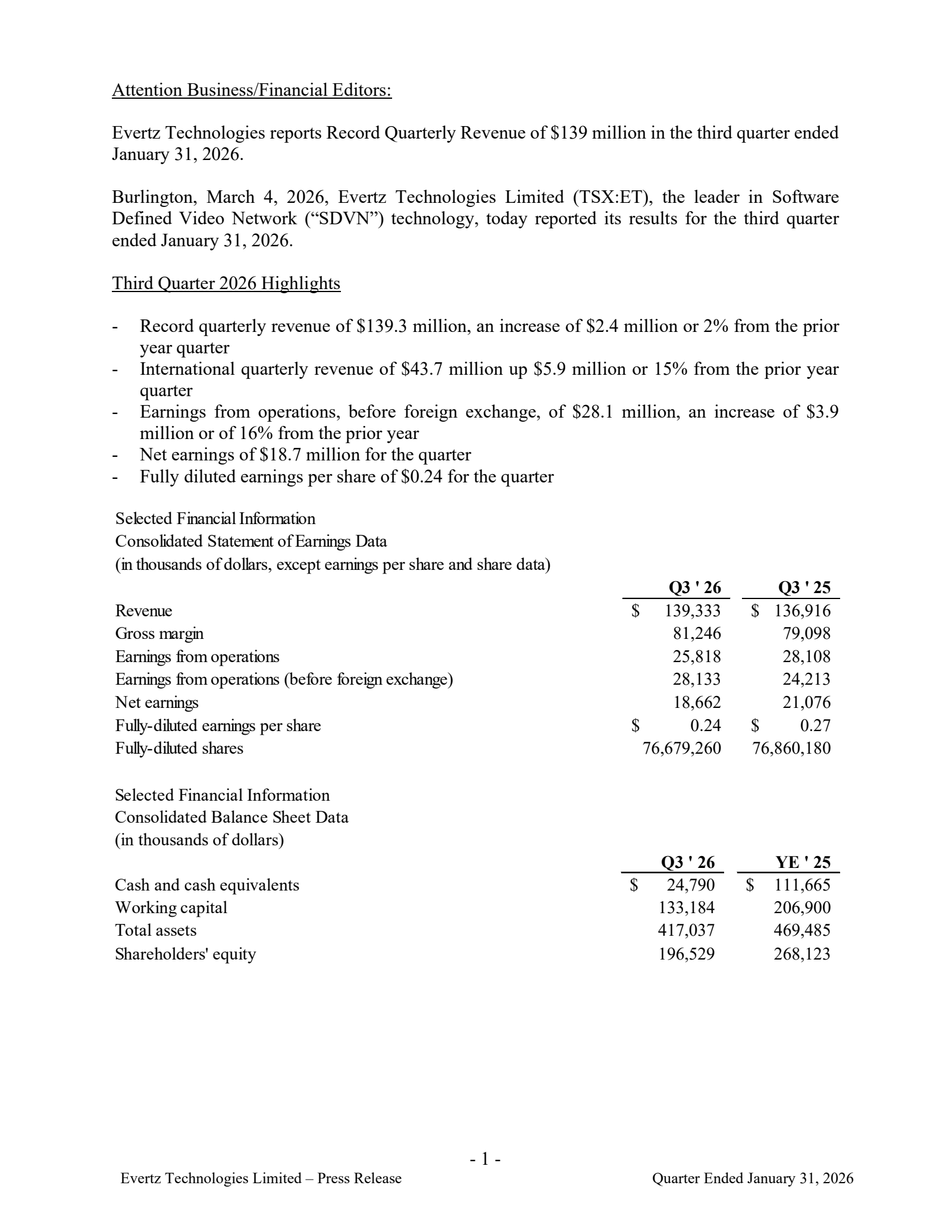 Evertz Technologies' Q3 2026 Press Release