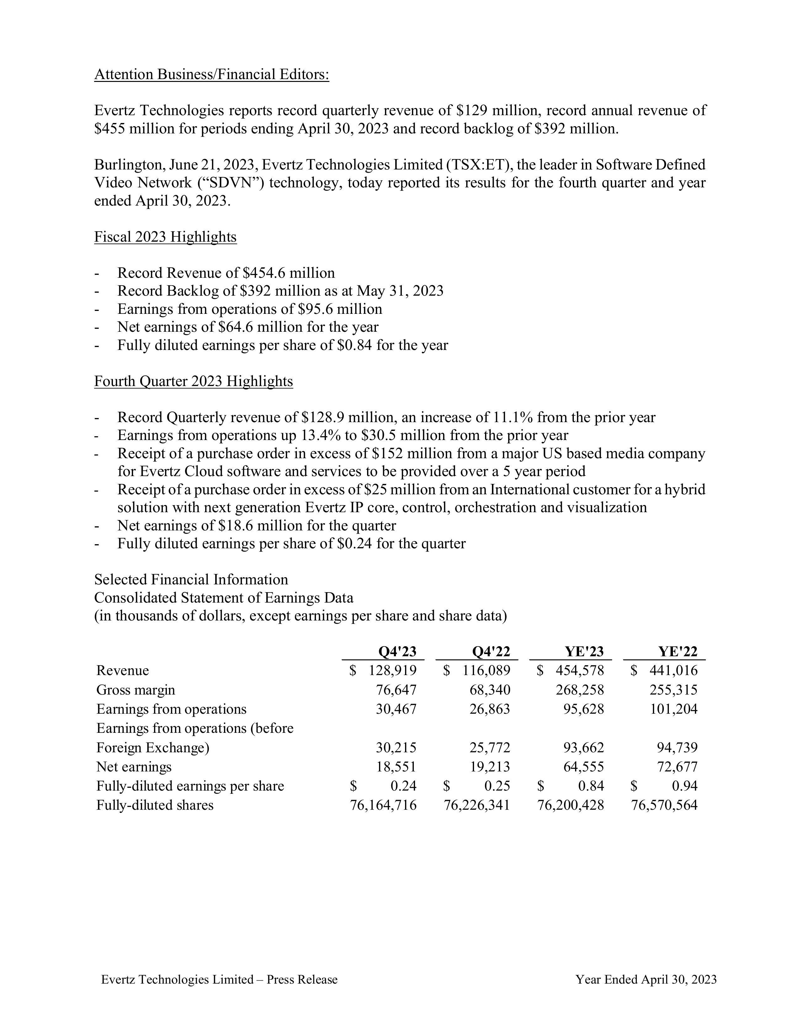 Evertz Technologies' Q4 2023 Press Release