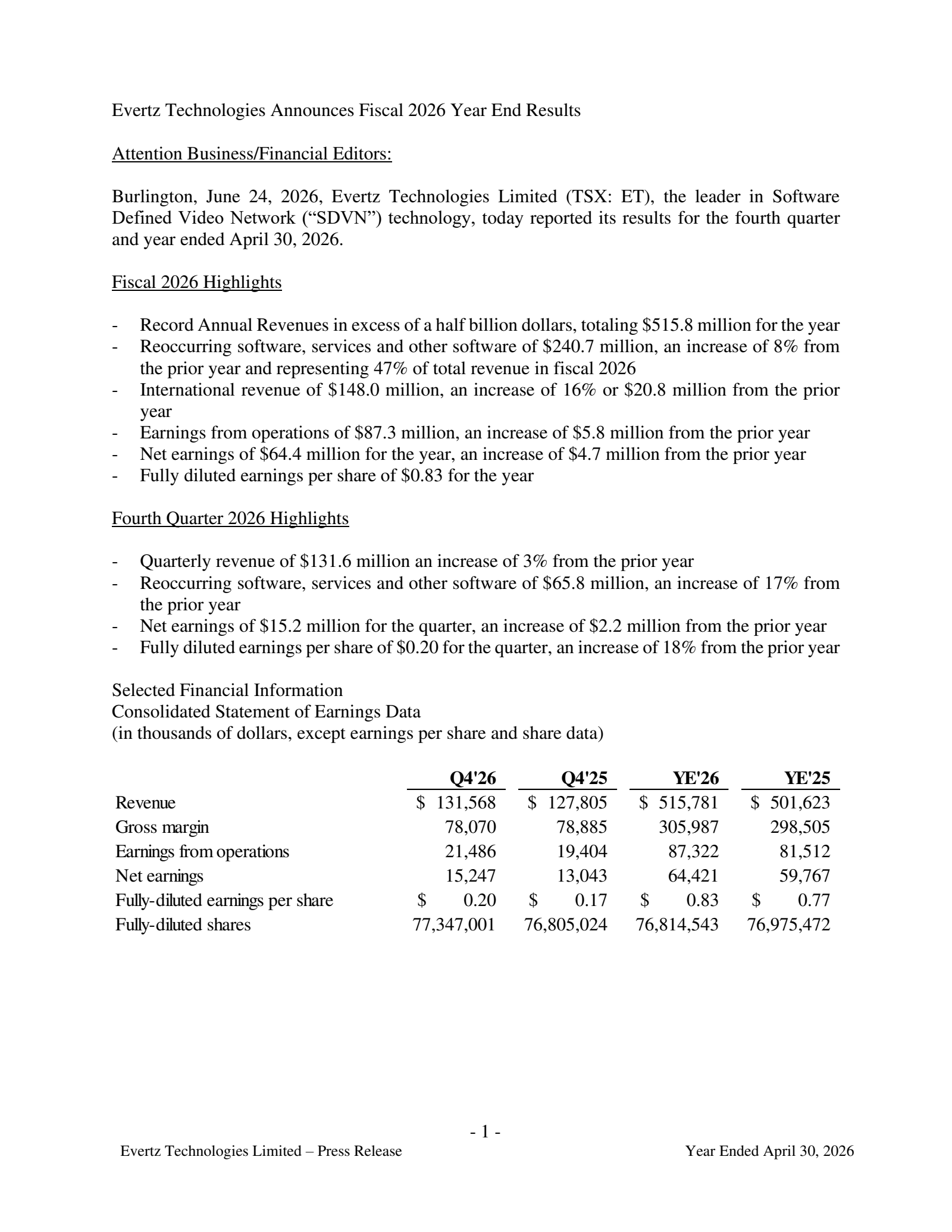 Evertz Technologies' Q4 2026 Press Release