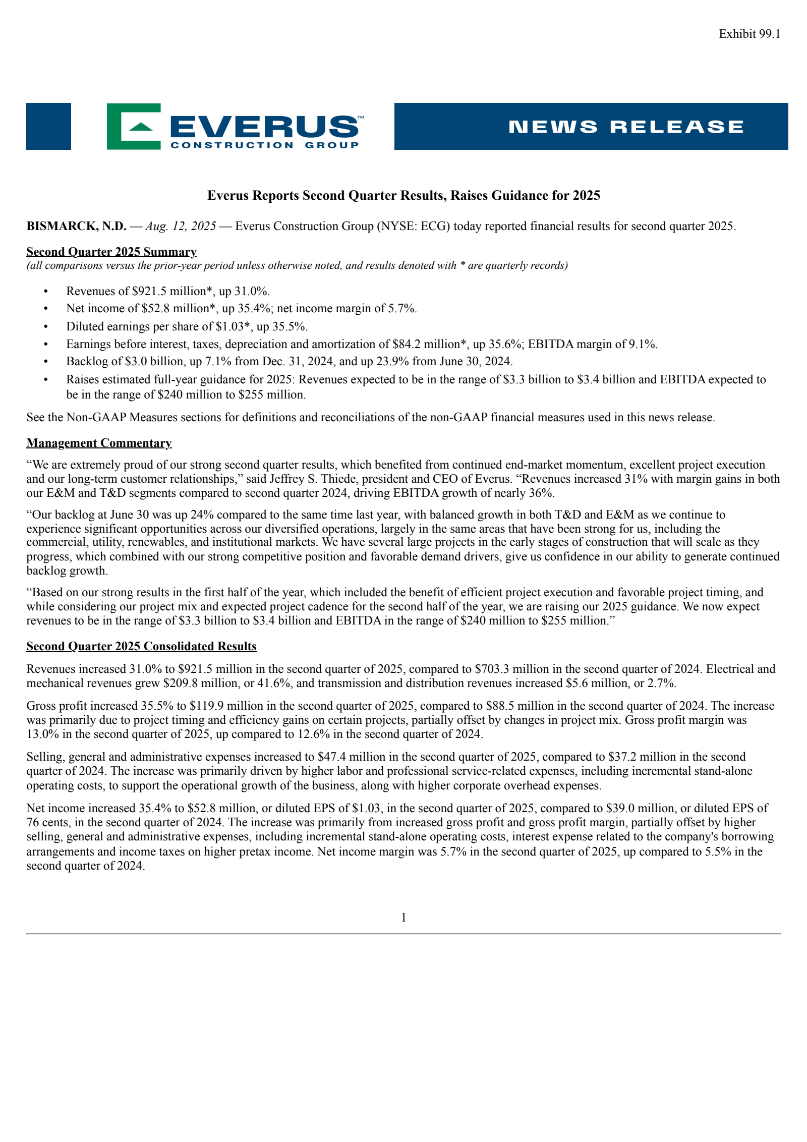 Everus Construction Group's Q2 2025 Press Release