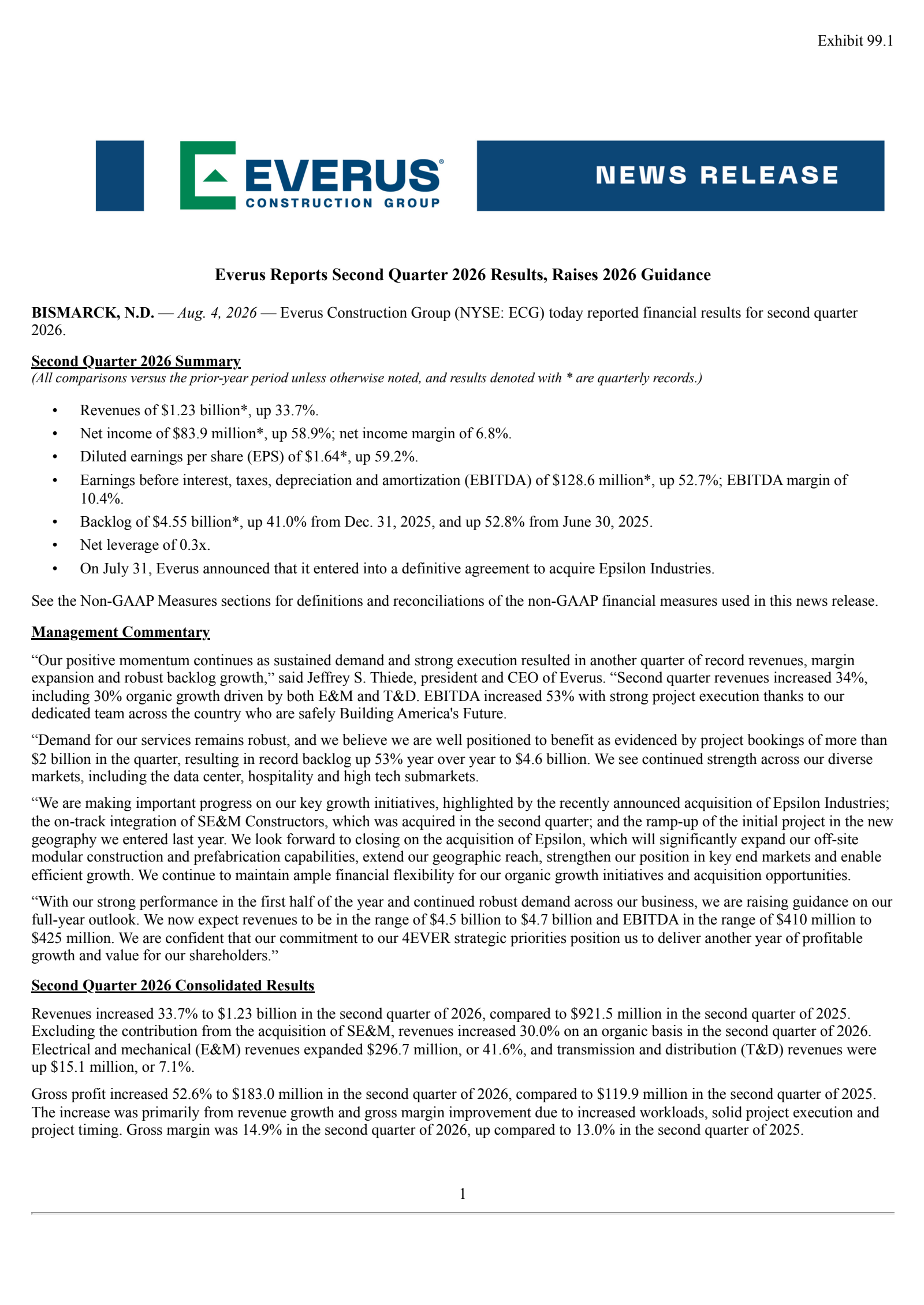 Everus Construction Group's Q2 2026 Press Release