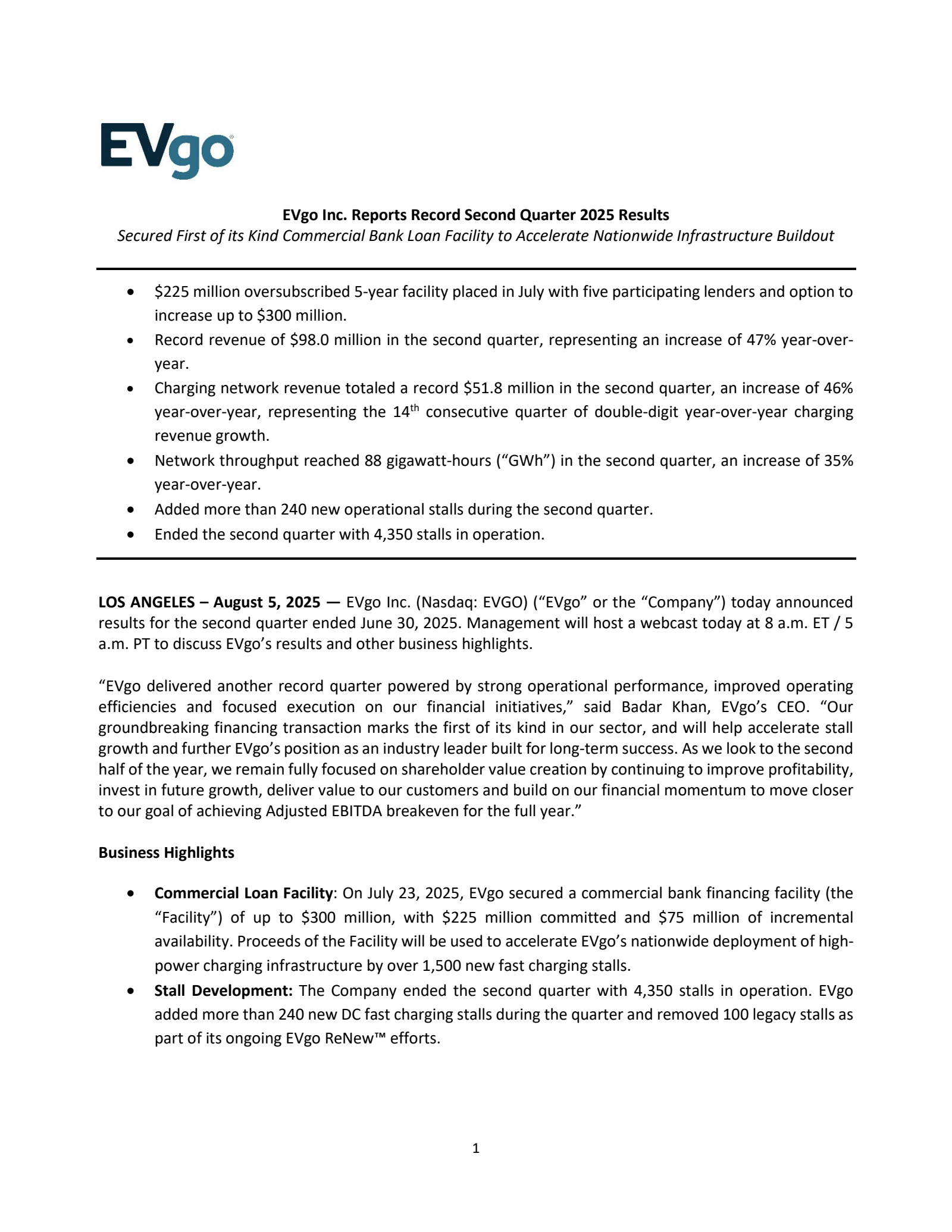 EVgo's Q2 2025 Press Release