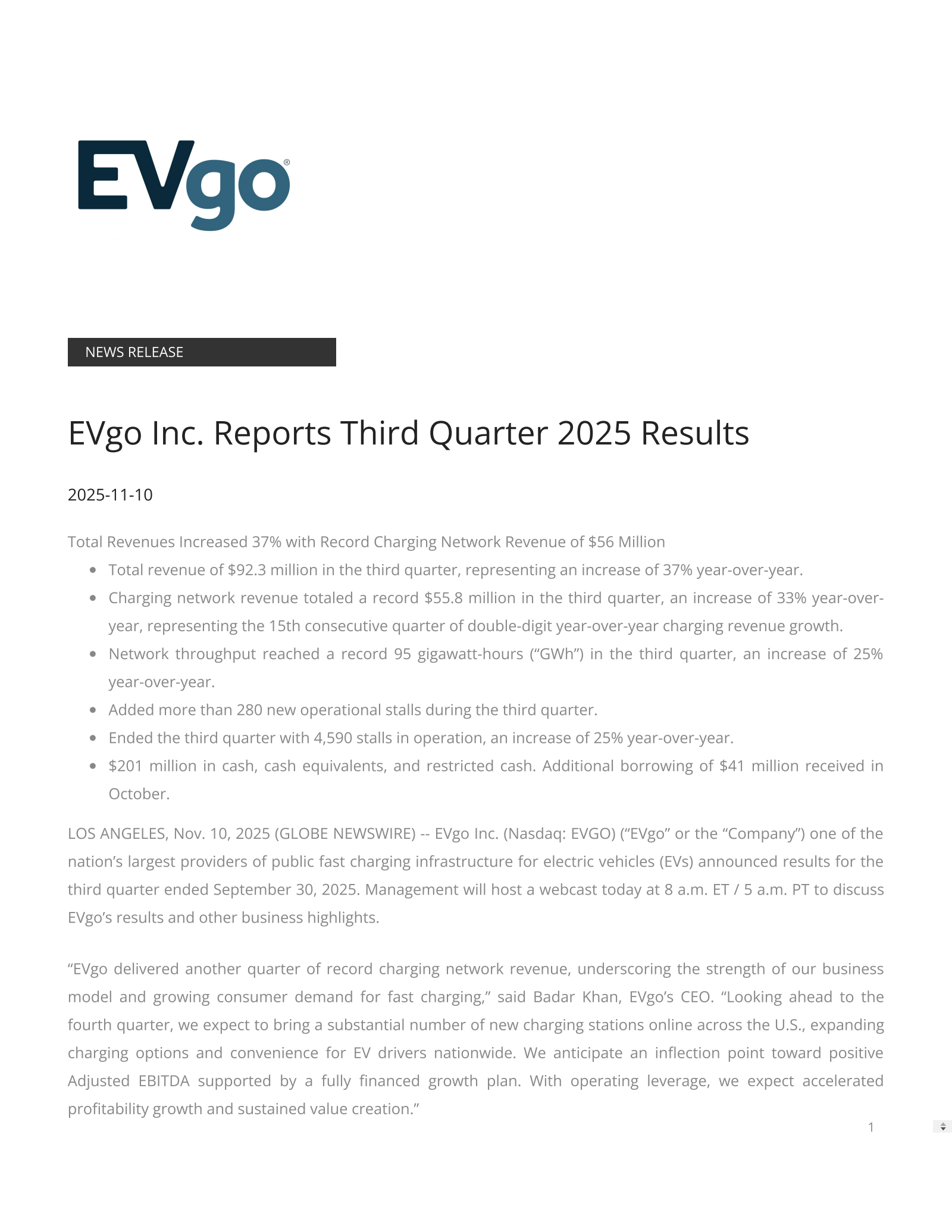 EVgo's Q3 2025 Earnings Release