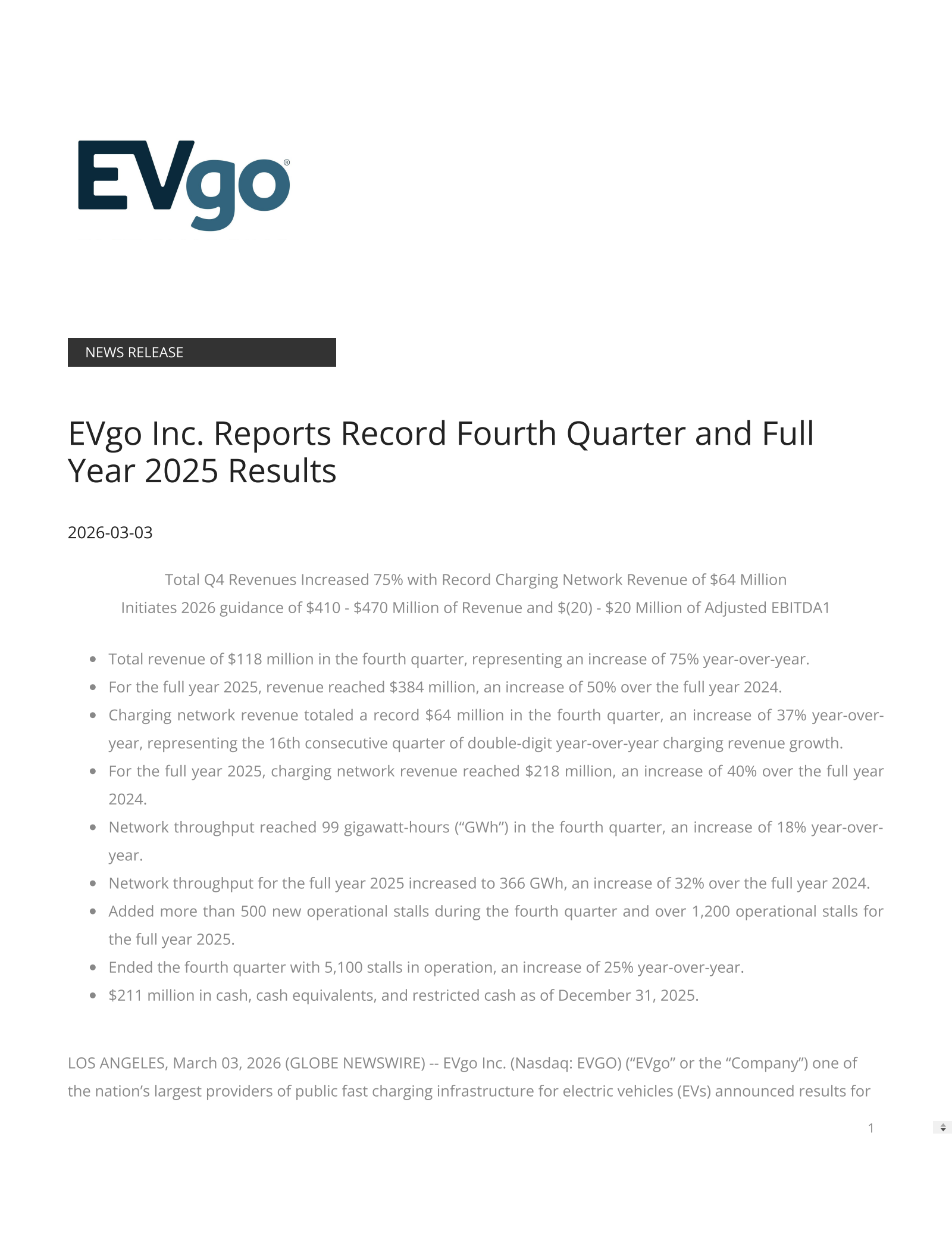 EVgo's Q4 2025 Press Release