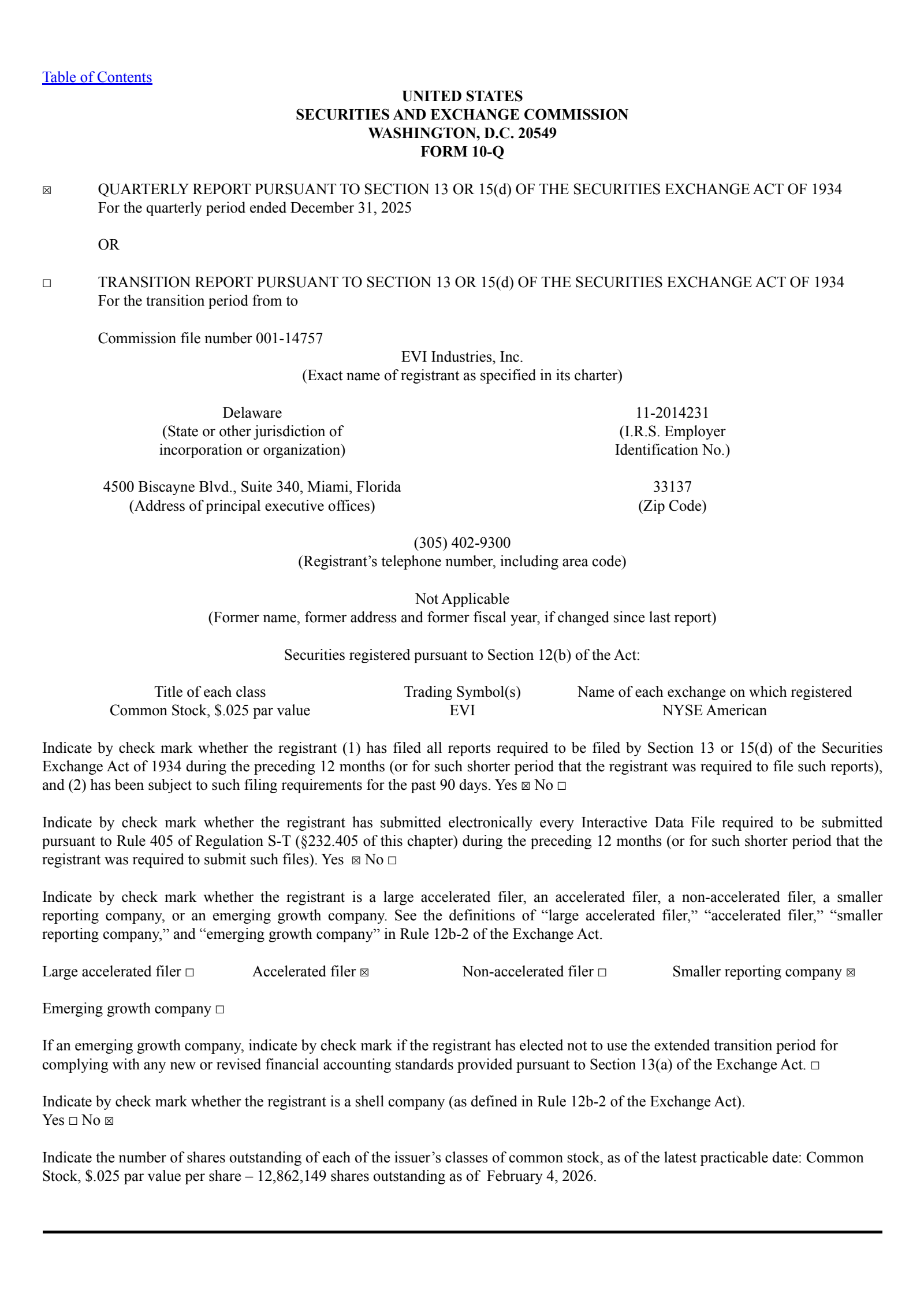 EVI Industries' Q2 2026 Quarterly report