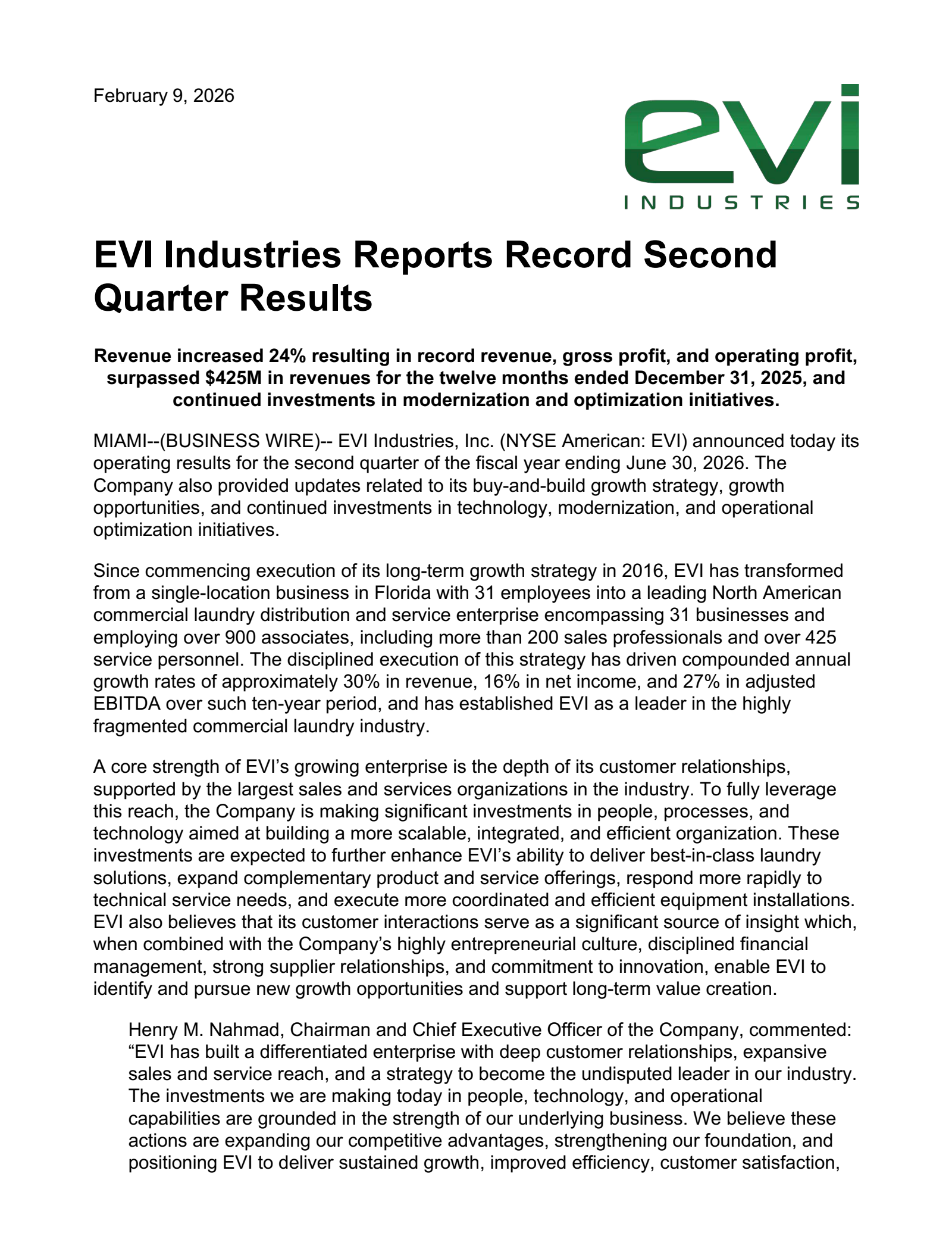 EVI Industries' Q2 2026 Press Release