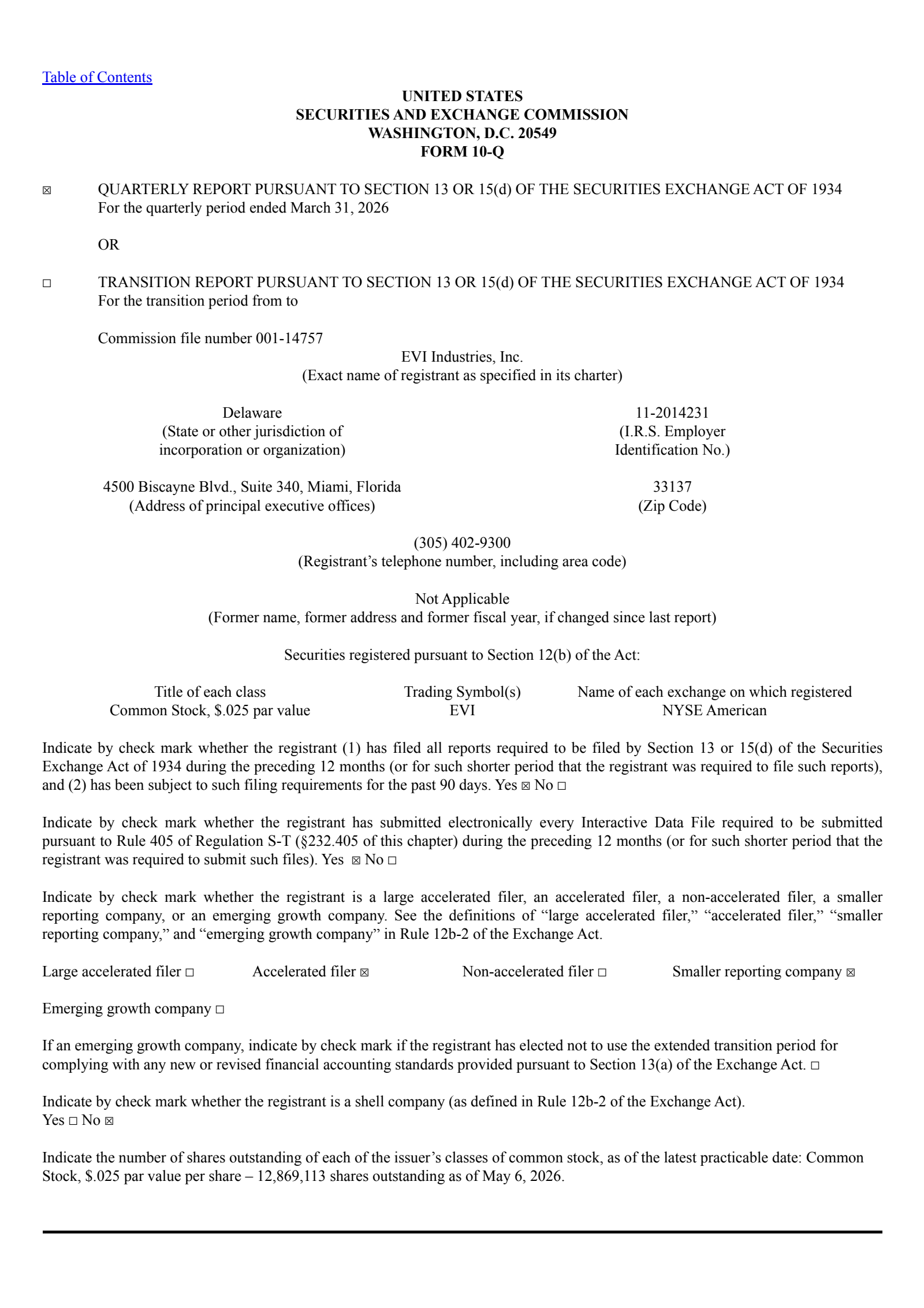 EVI Industries' Q3 2026 Quarterly report