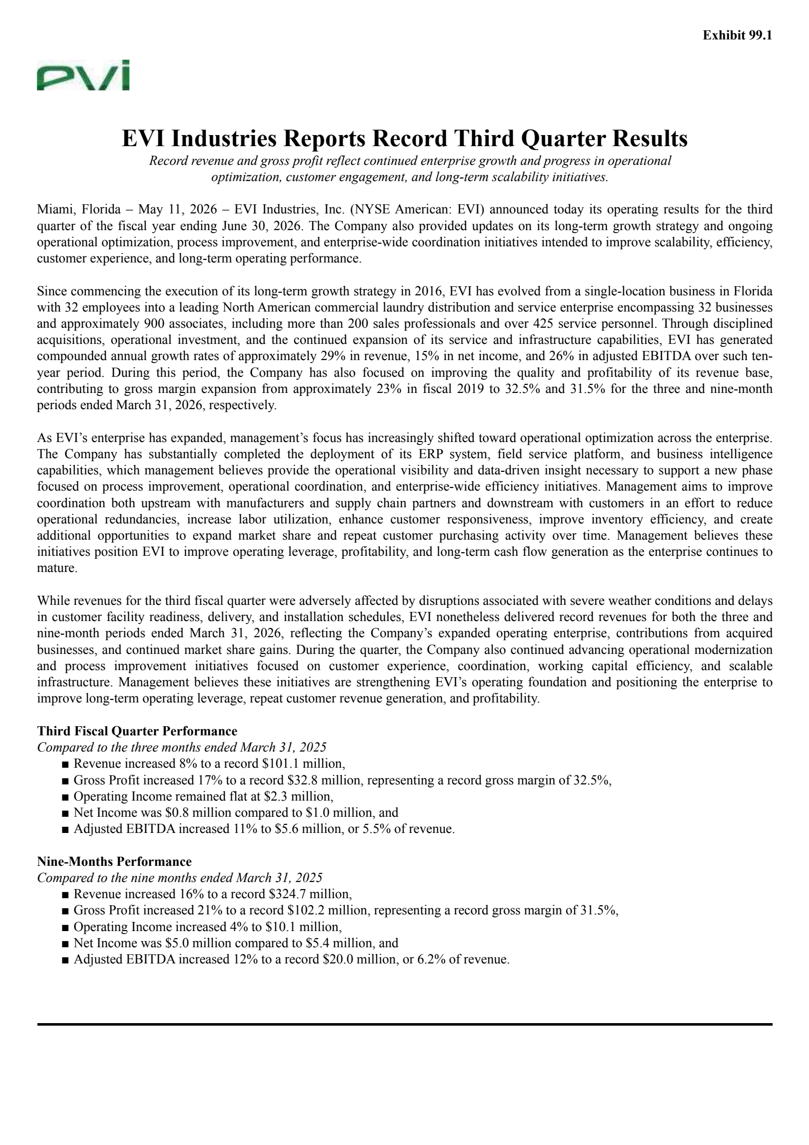 EVI Industries' Q3 2026 Press Release