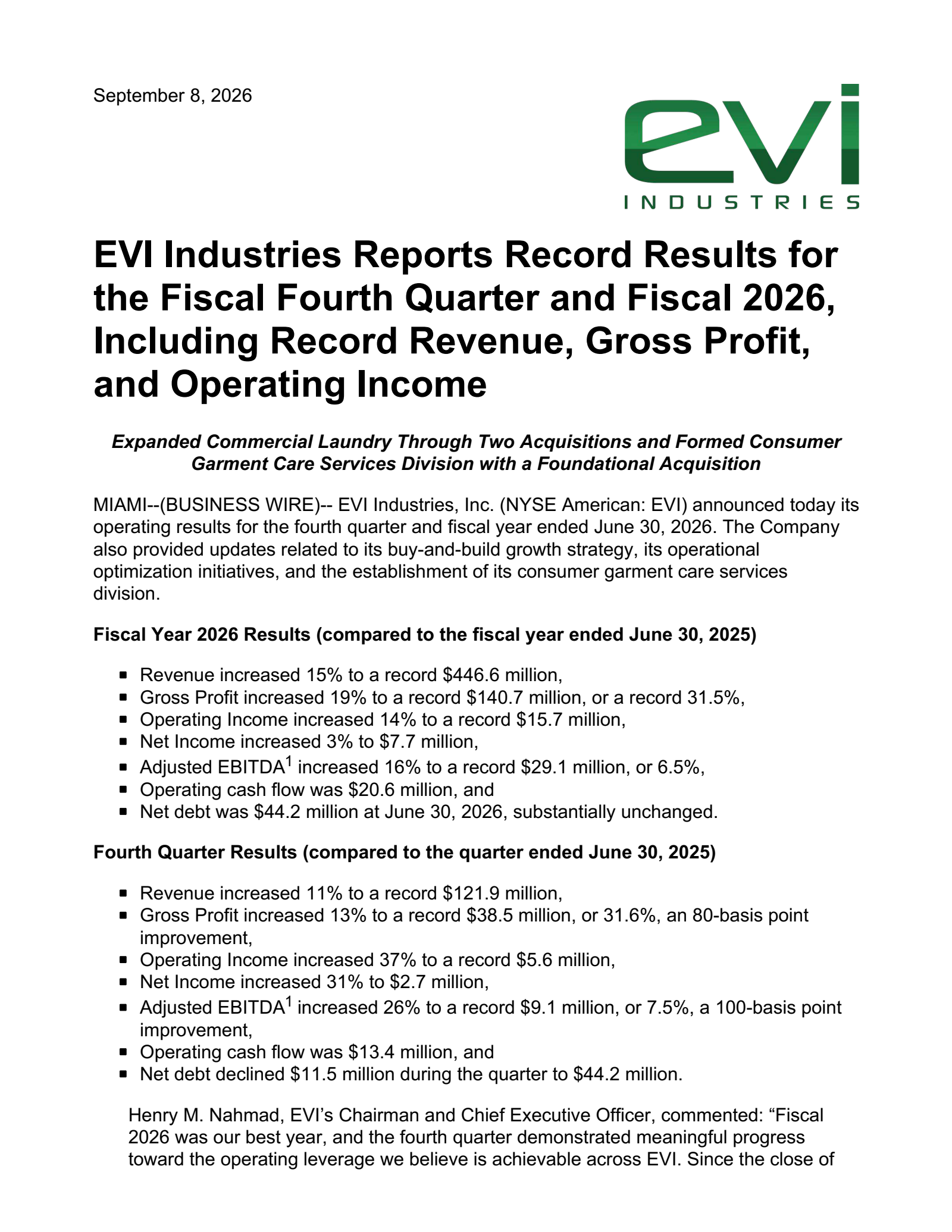 EVI Industries' Q4 2026 Press Release