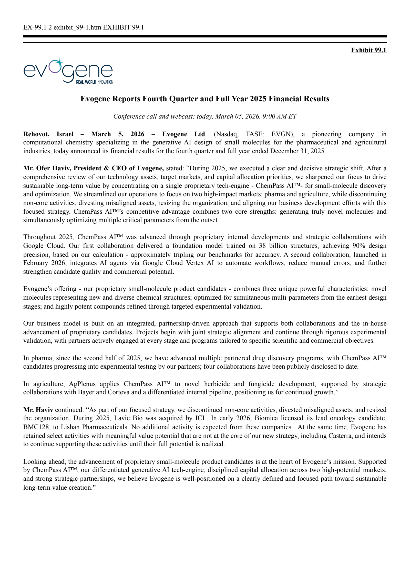 Evogene's Q4 2025 Interim report
