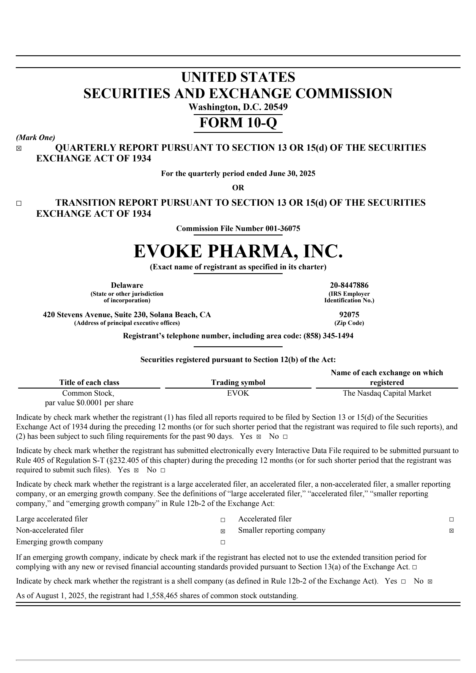 Evoke Pharma's Q2 2025 Quarterly report