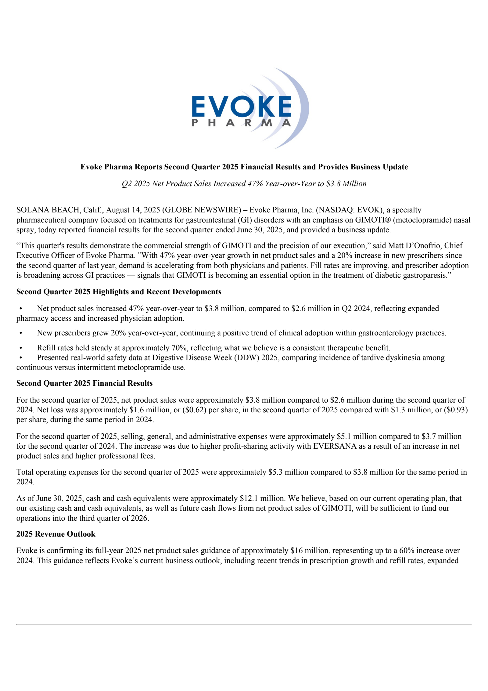 Evoke Pharma's Q2 2025 Press Release