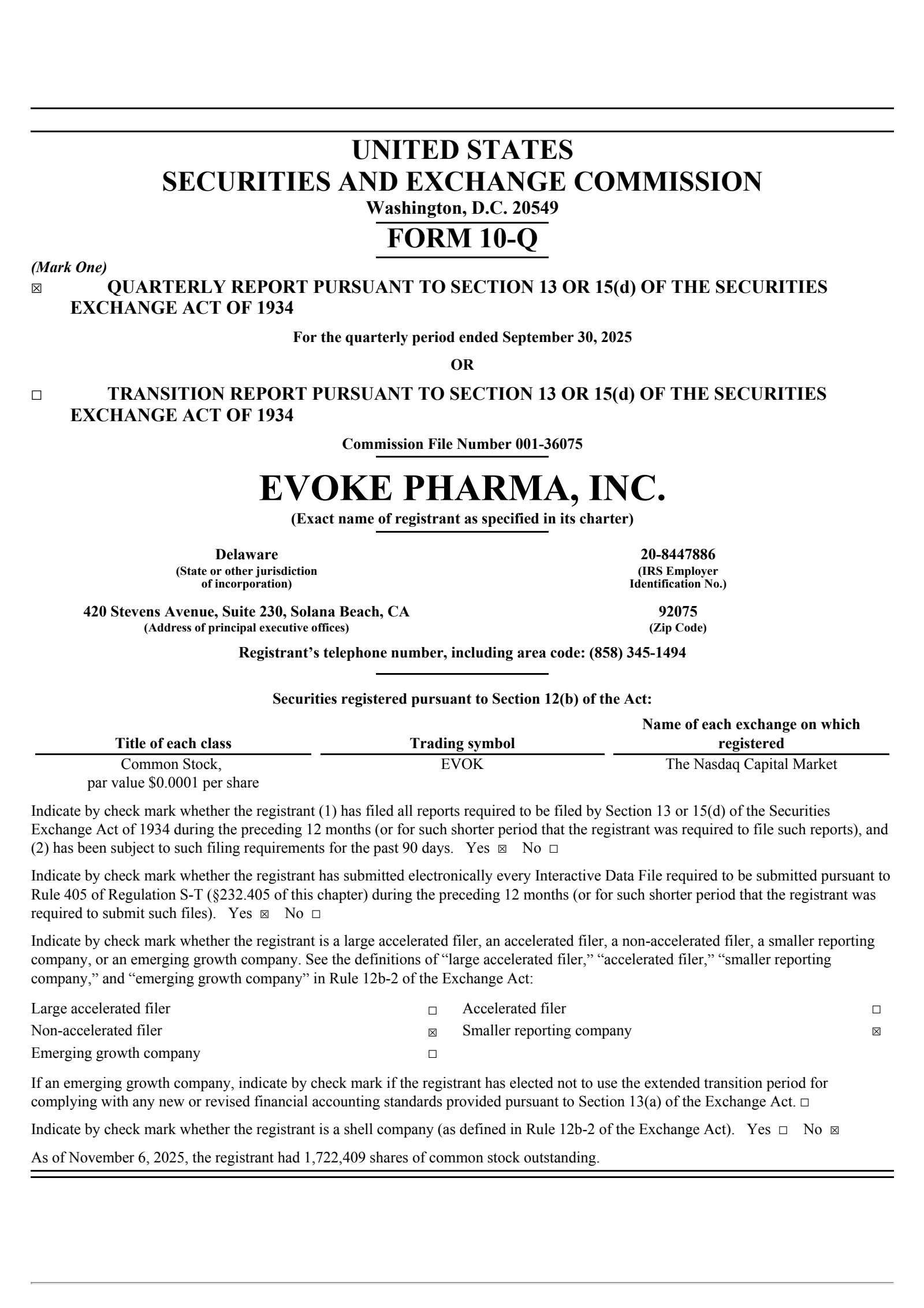 Evoke Pharma's Q3 2025 Quarterly Report